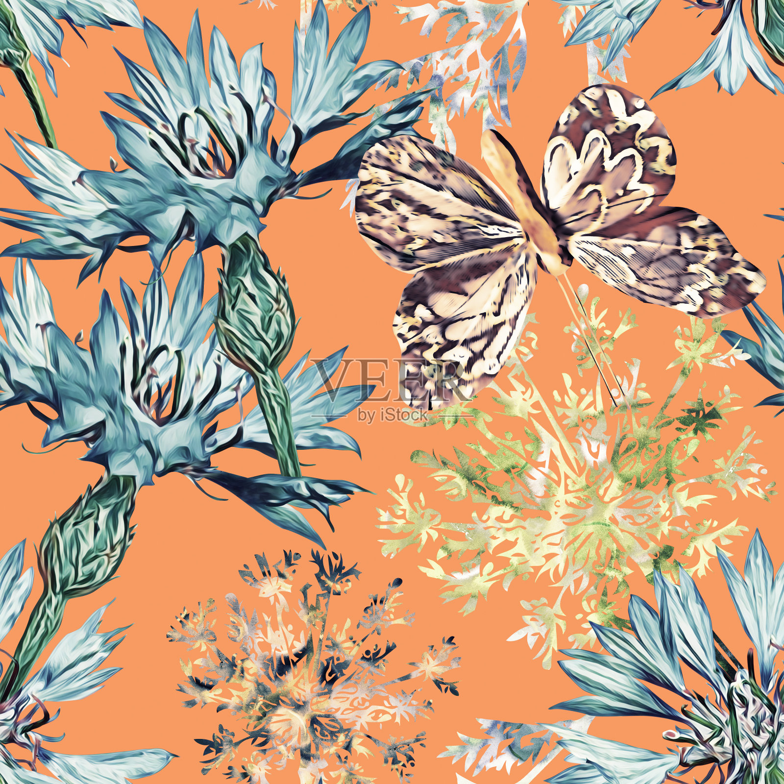 矢车菊与蝴蝶虫无缝图案。插画图片素材