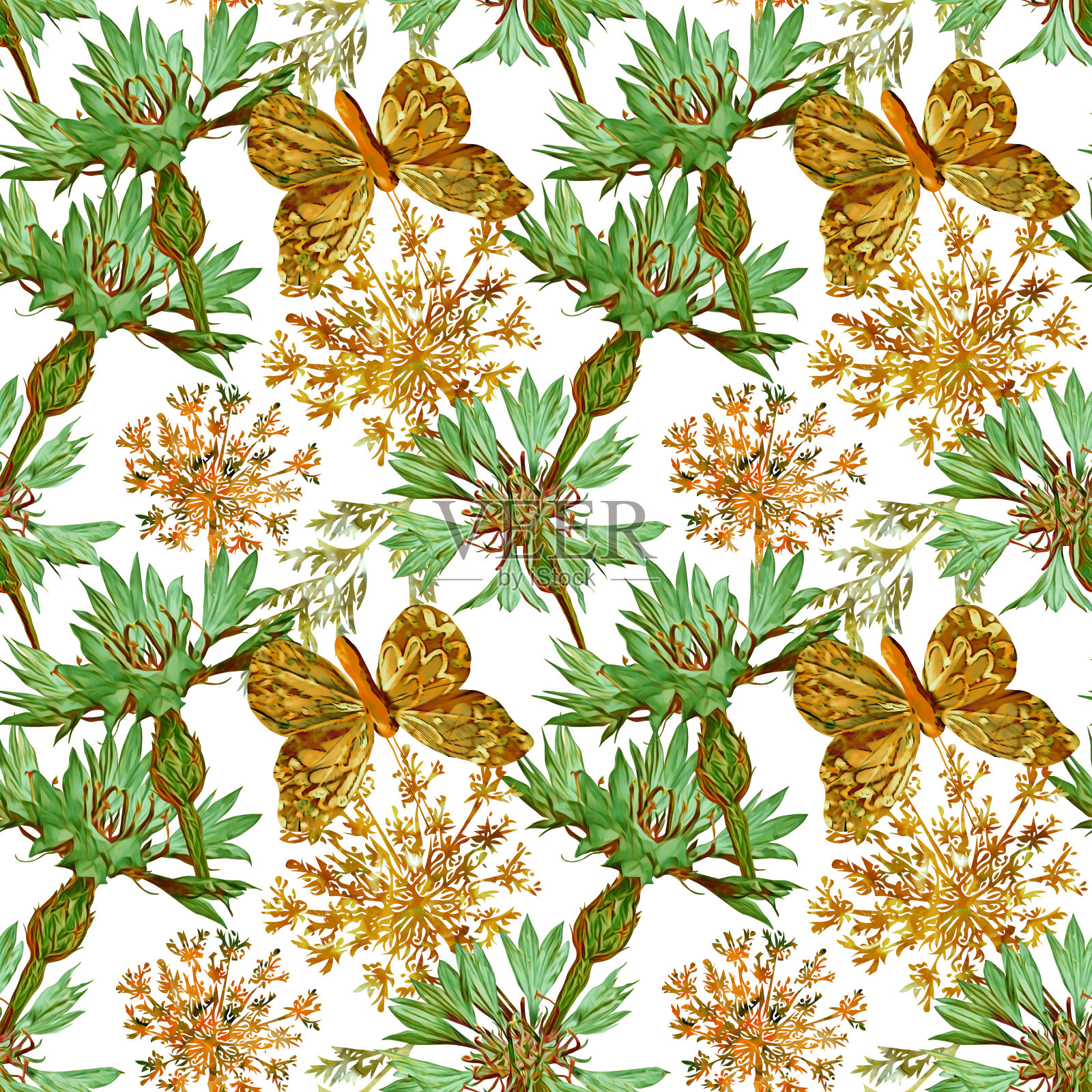 矢车菊与蝴蝶虫无缝图案。插画图片素材