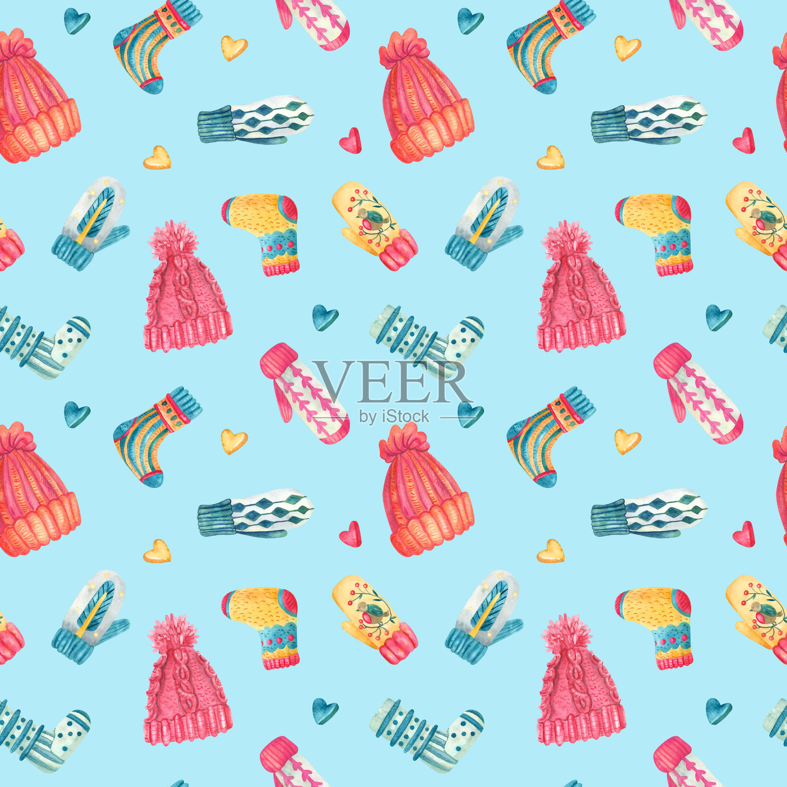 水彩无缝图案与针织暖衣浅蓝色。插画图片素材