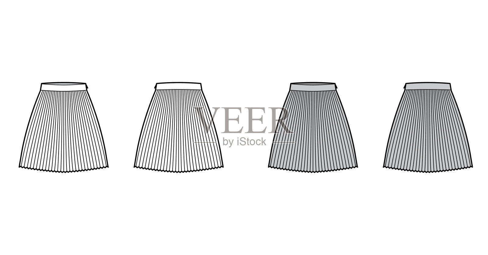裙子阳光褶技术时尚插图与膝下长度剪影，圆形丰满。平底插画图片素材