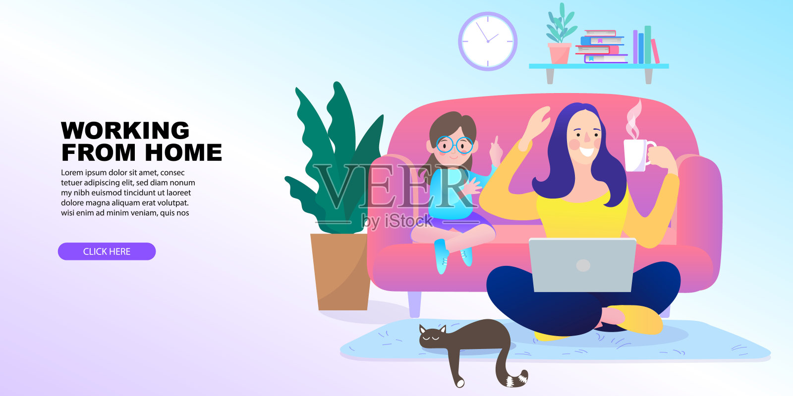 女人坐在自己的家里，房间或公寓，隔离，呆在家里的概念，放松在沙发上，时尚平面矢量插图，EPS10。插画图片素材