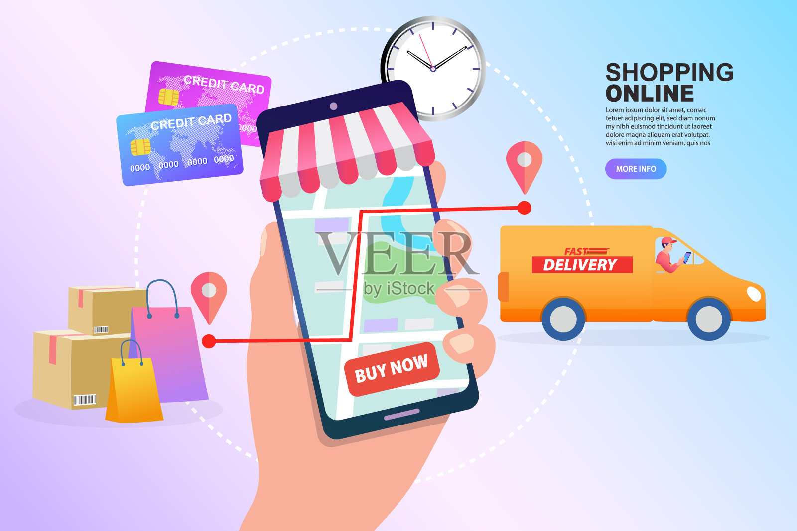 隔离期间的网上购物：女子超市在线订购食品，生鲜食品配送App插画图片素材