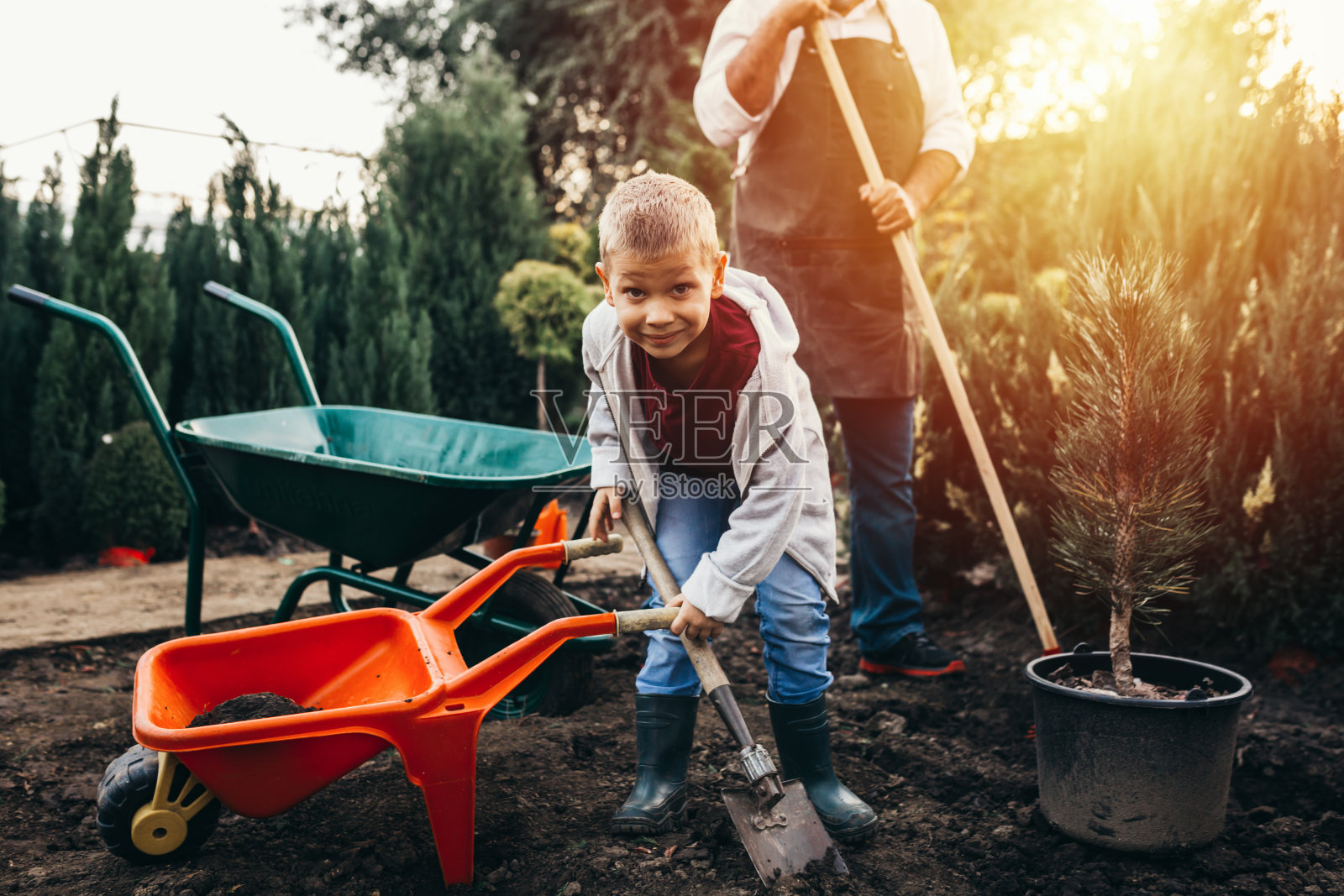 男孩和他的祖父在家谱托儿所照片摄影图片