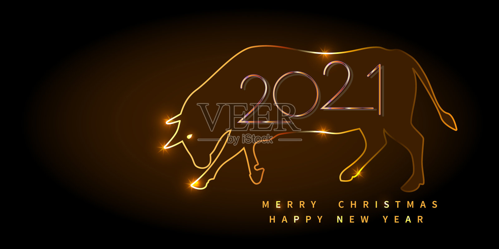 2021. 金色数字和公牛轮廓在黑暗。中国新年。插画图片素材