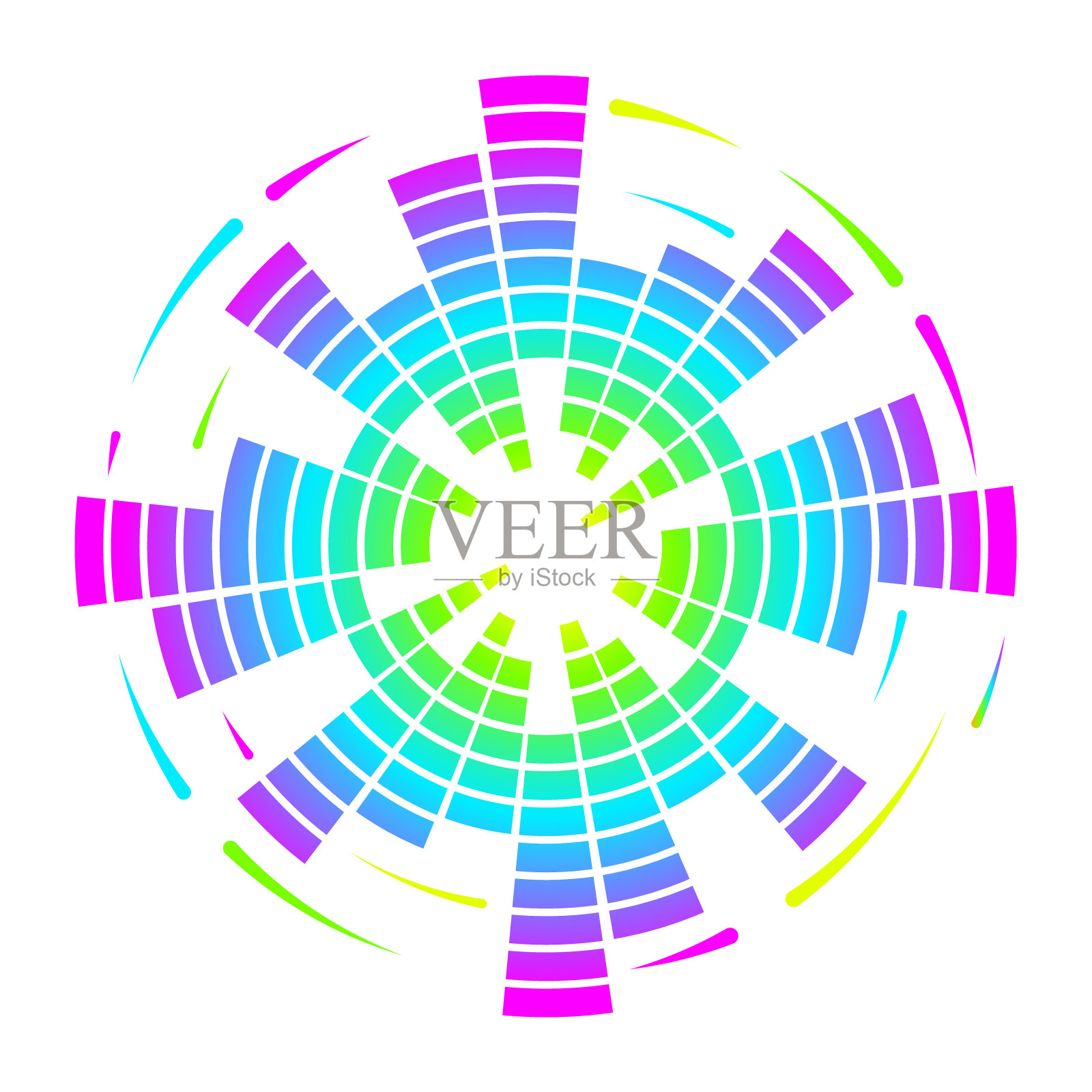 彩色几何圆形霓虹灯均衡器。Eq圆形音频声波。矢量插图。插画图片素材