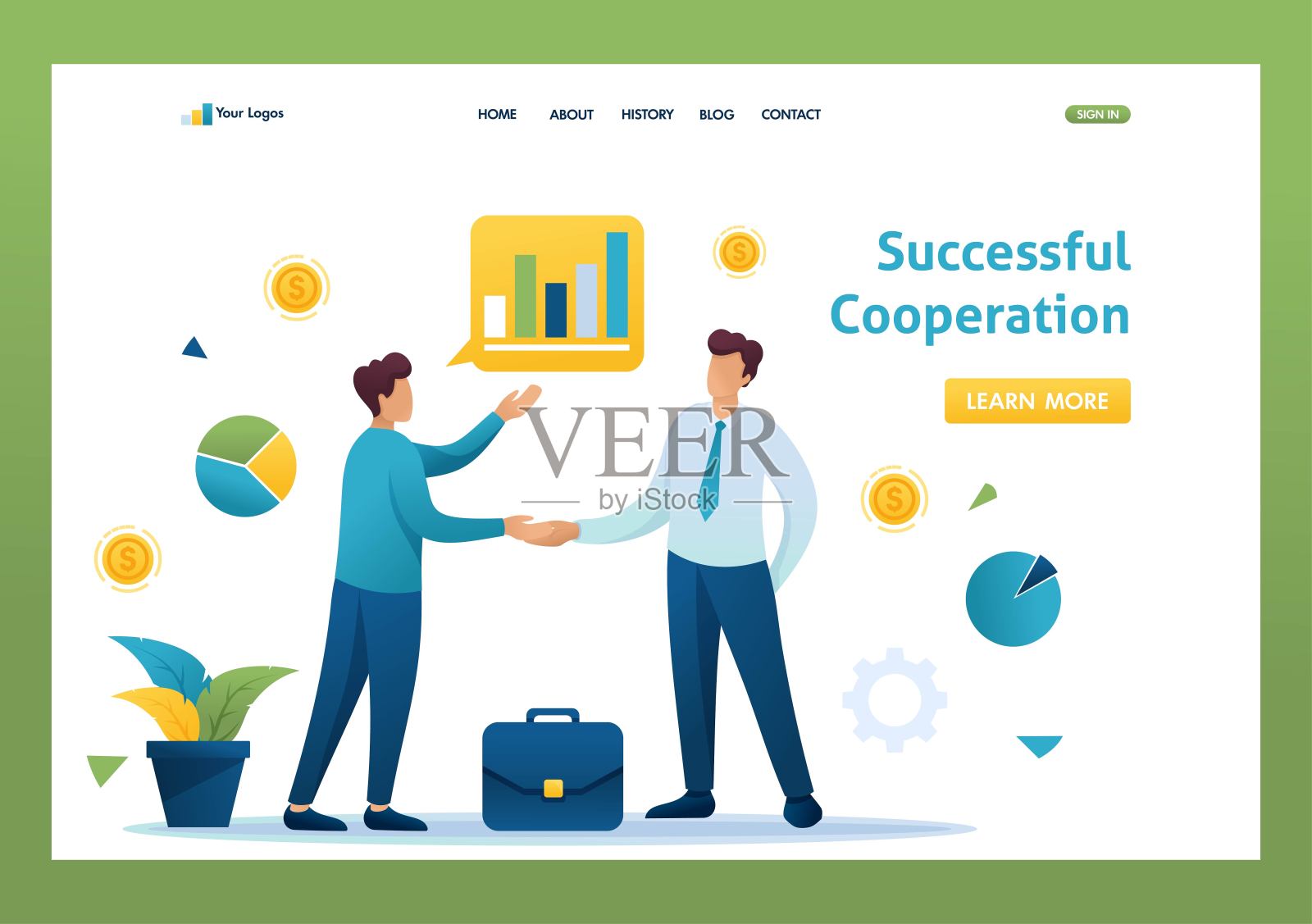 两个商人之间成功的合作。平面2D登陆页插画图片素材