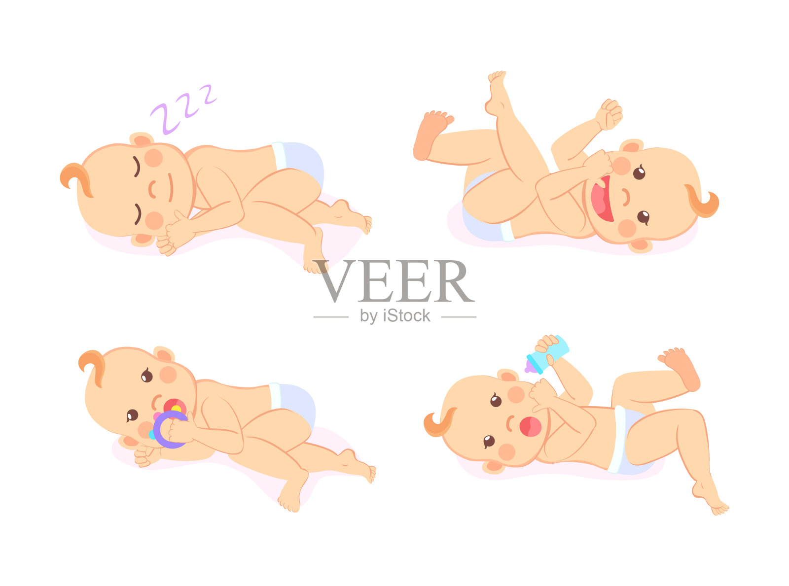 婴儿睡觉和抱着奶瓶和牛奶组插画图片素材