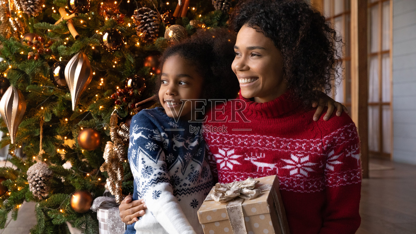 近距离观察非洲裔美国妇女和女儿许下圣诞愿望照片摄影图片