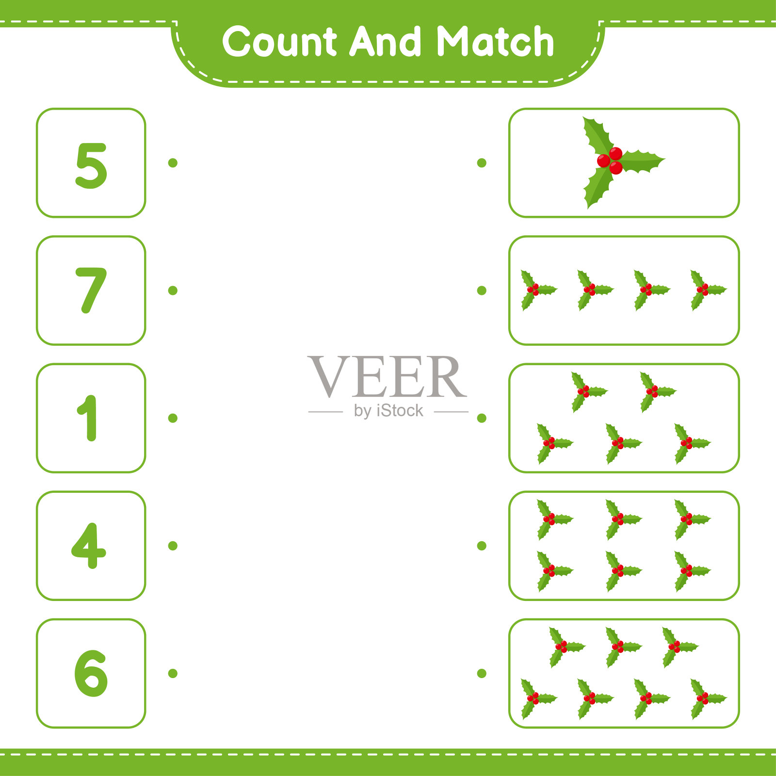 数并匹配，数出冬青浆果的数量并匹配正确的数字。教育儿童游戏，可打印的工作表，矢量插图插画图片素材