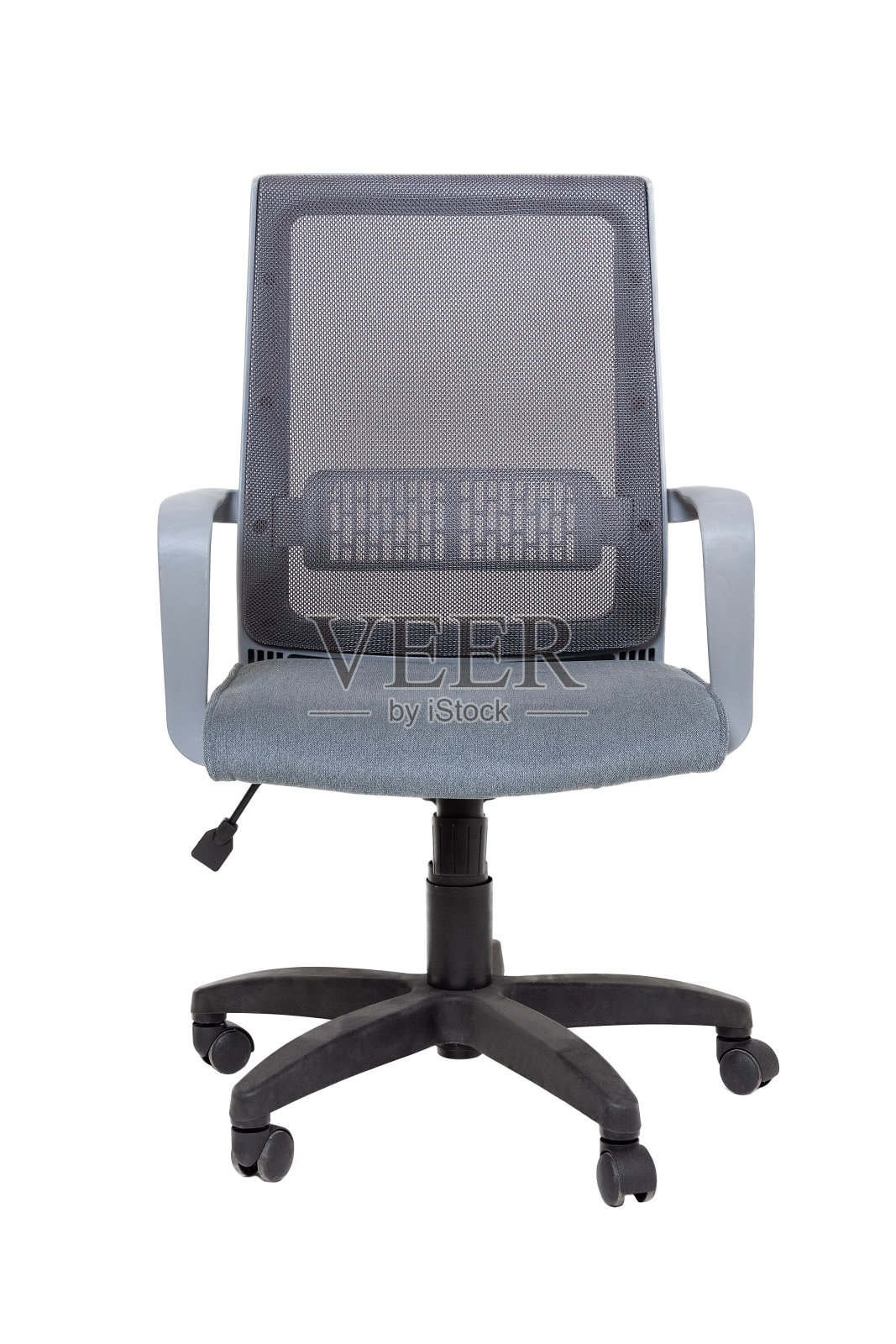 灰色办公室织物扶手椅车轮孤立在白色背景，正面视图照片摄影图片
