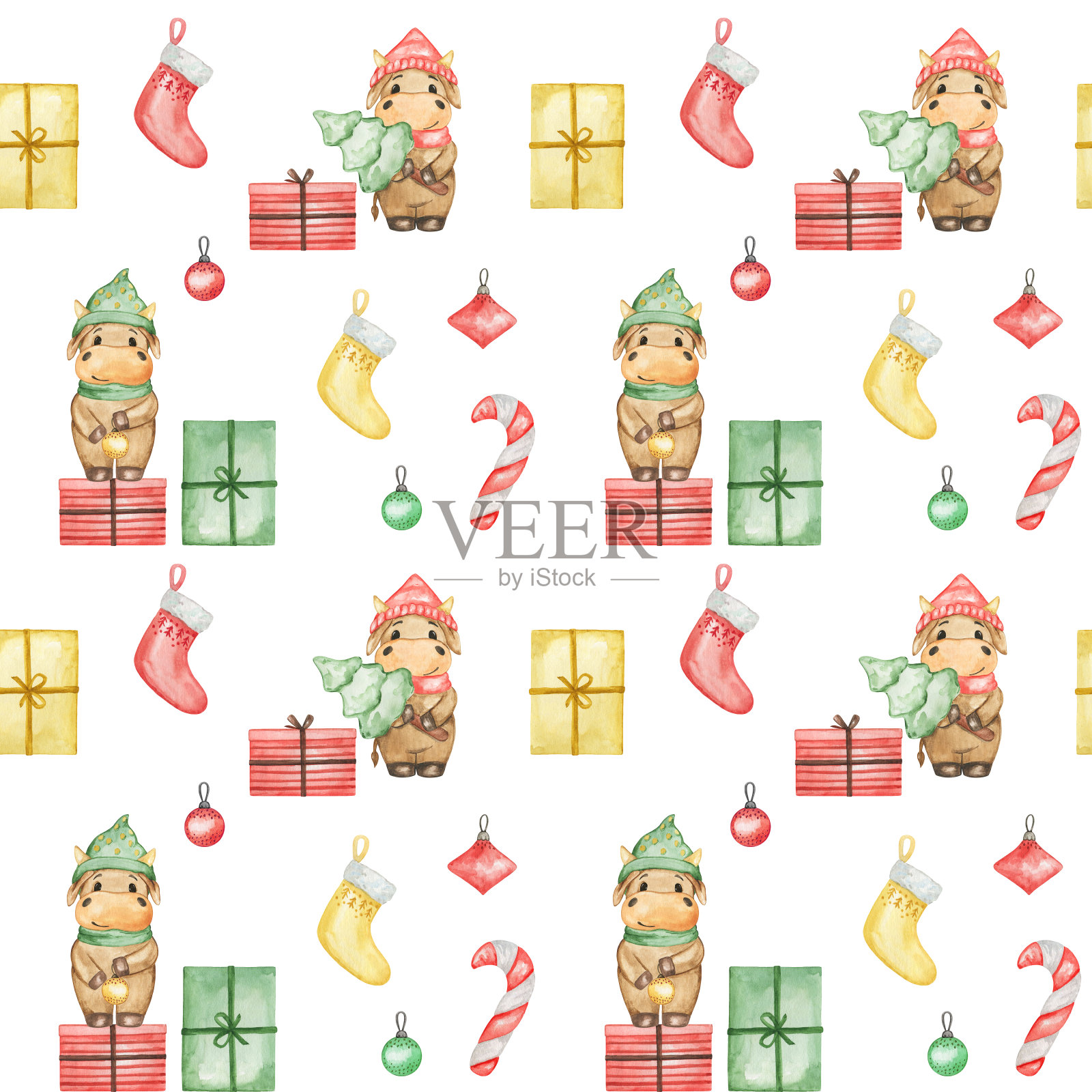 圣诞公牛无缝图案，水彩圣诞背景，新年标志2021，小公牛图案设计，纺织印花，婴儿壁纸插画图片素材