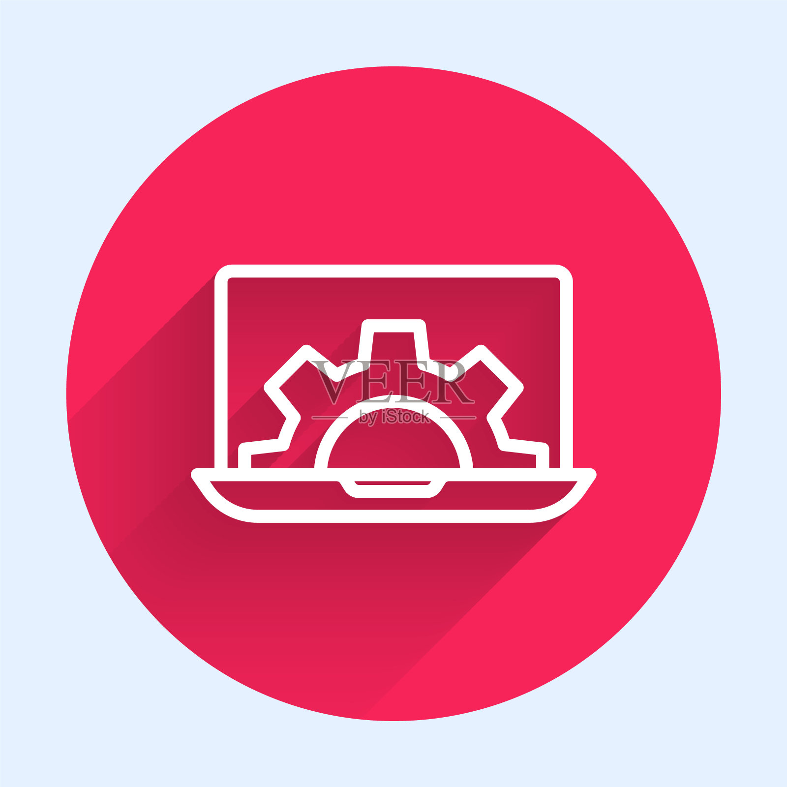 白线软件，网页开发，编程概念图标孤立与长影子。屏幕笔记本电脑上的程序语言和程序代码。红色圆圈按钮。向量插画图片素材