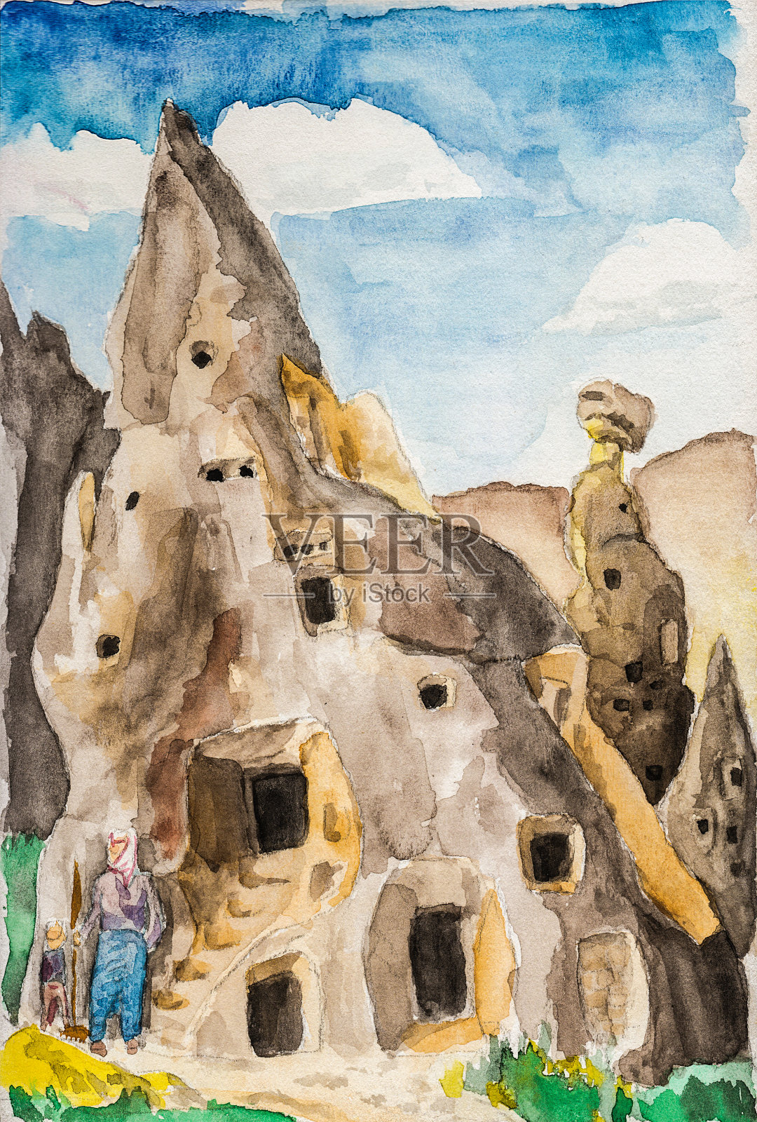 卡帕多西亚的岩石峭壁被天气侵蚀的奇特地质景观。在土耳其的乡村。水彩画。插画图片素材