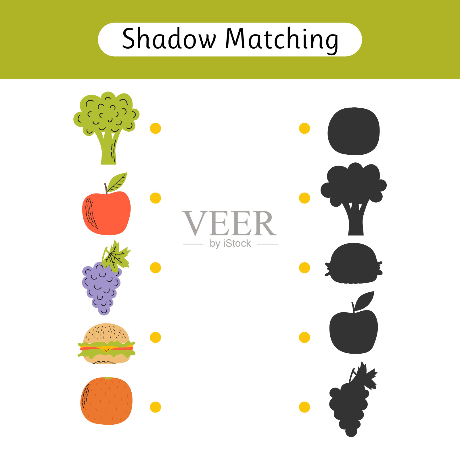影子匹配游戏的孩子。有食物的工作表。找到正确的阴影。学龄前儿童的活动插画图片素材