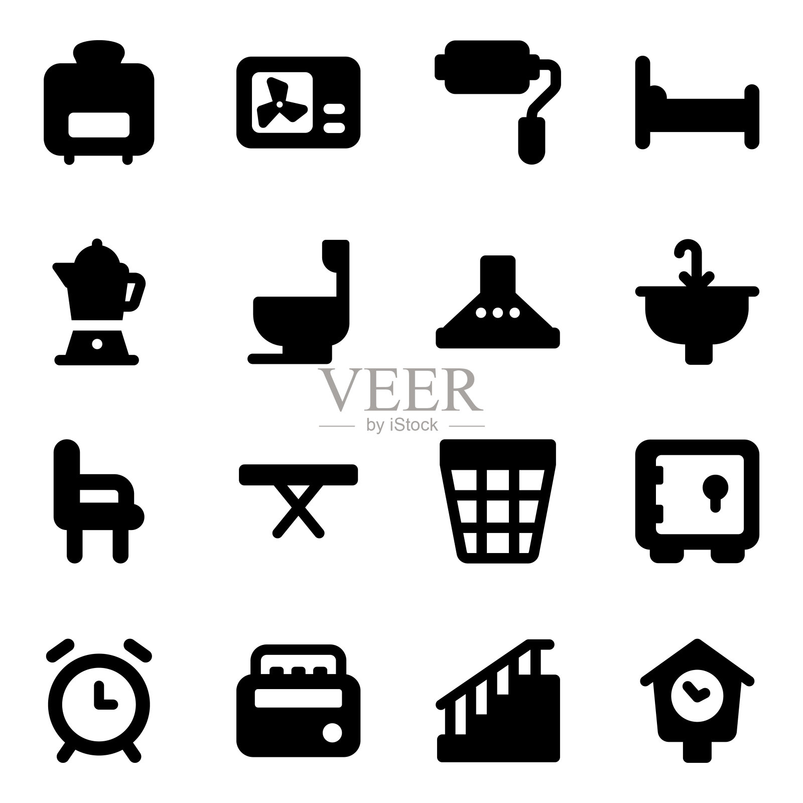 室内图标设置在坚实的风格图标素材