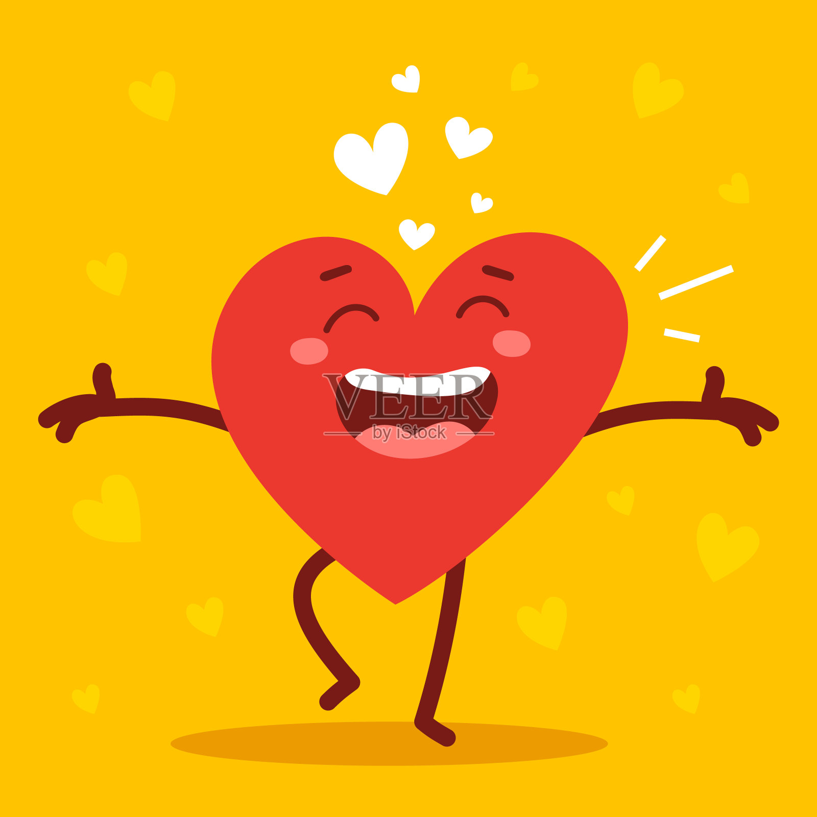 矢量红色可爱的快乐的心字符与微笑和双臂展开在黄色的背景。浪漫扁平风格的情人节插画插画图片素材
