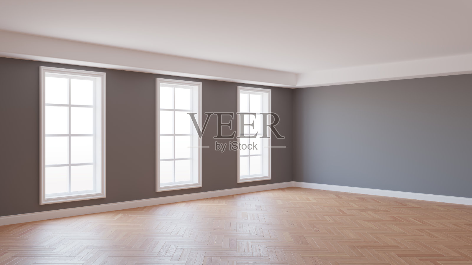 8K超高清室内角落，灰色墙壁，拼花地板，三个大的白色窗户和一个白色基座，在Windows上工作路径照片摄影图片
