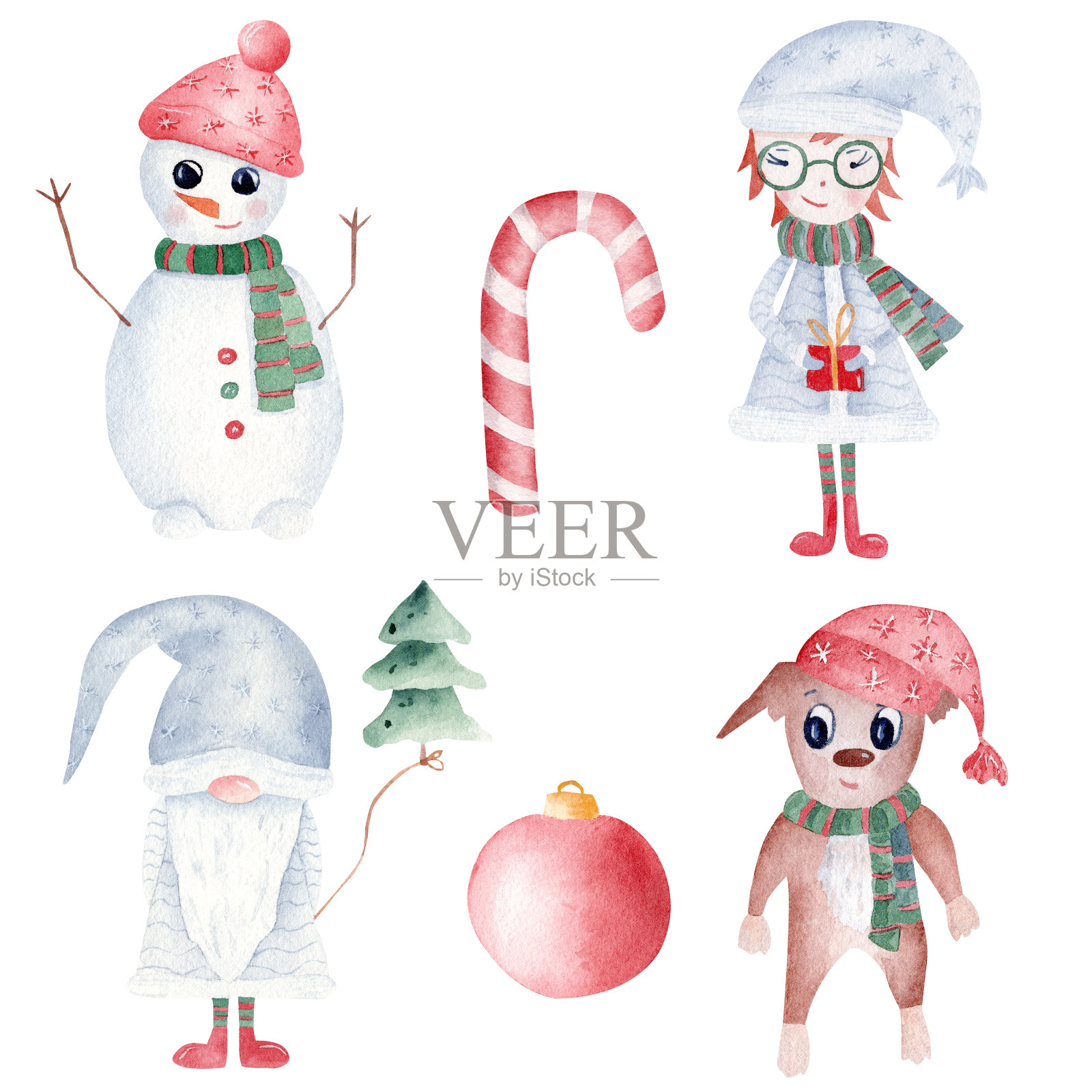 水彩圣诞剪贴集。手绘雪人，侏儒，圣诞女孩和狗。可印刷的寒假装饰。设计元素图片