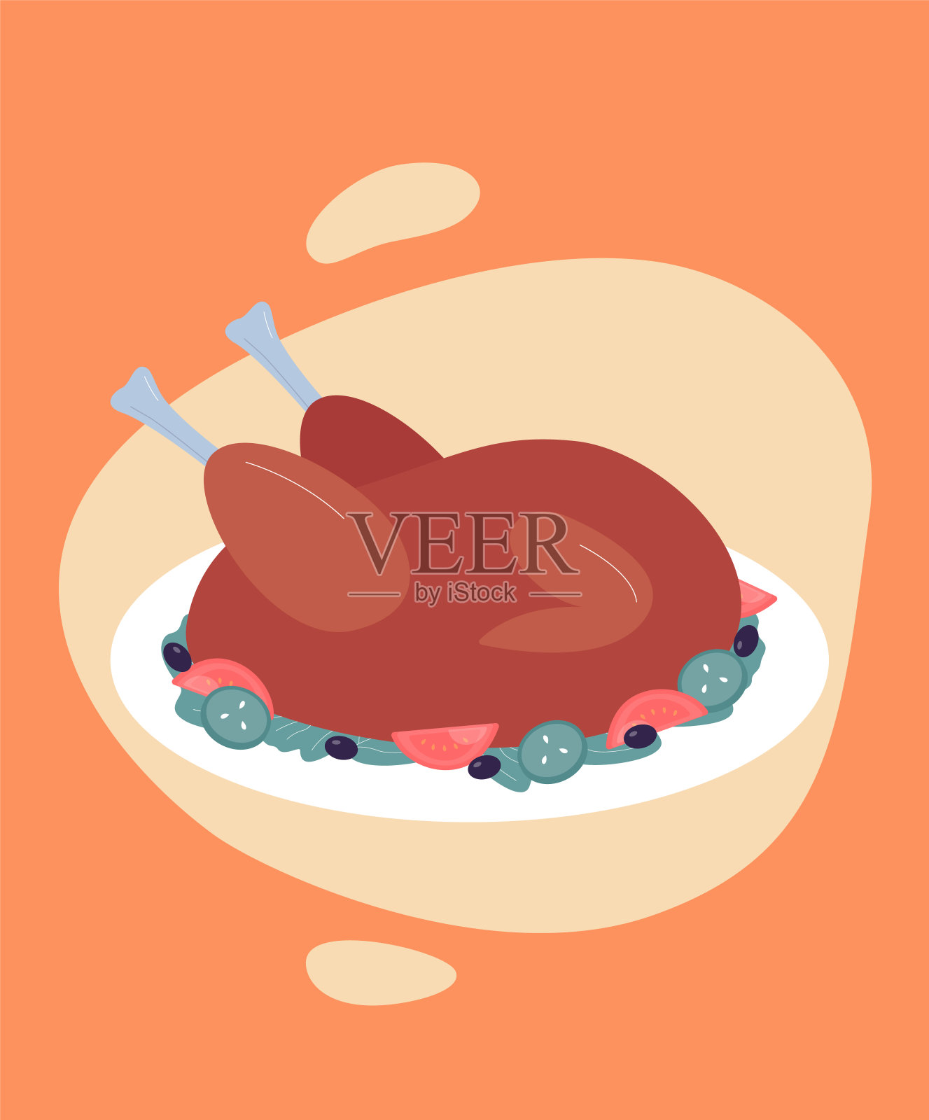烤火鸡盘，平面矢量插图在橙色的背景。插画图片素材