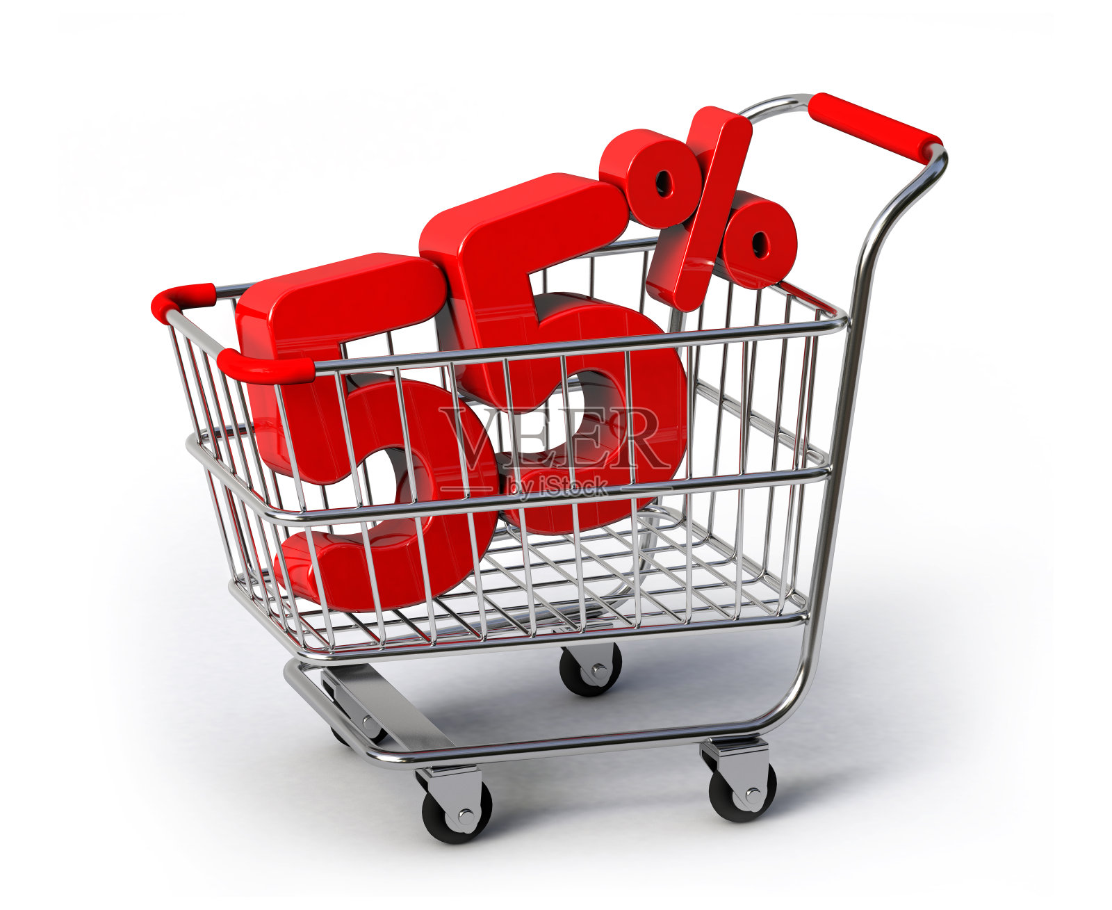 打折55%的购物车。购物车有55%的折扣。销售的概念。3D渲染图孤立在白色背景上。照片摄影图片