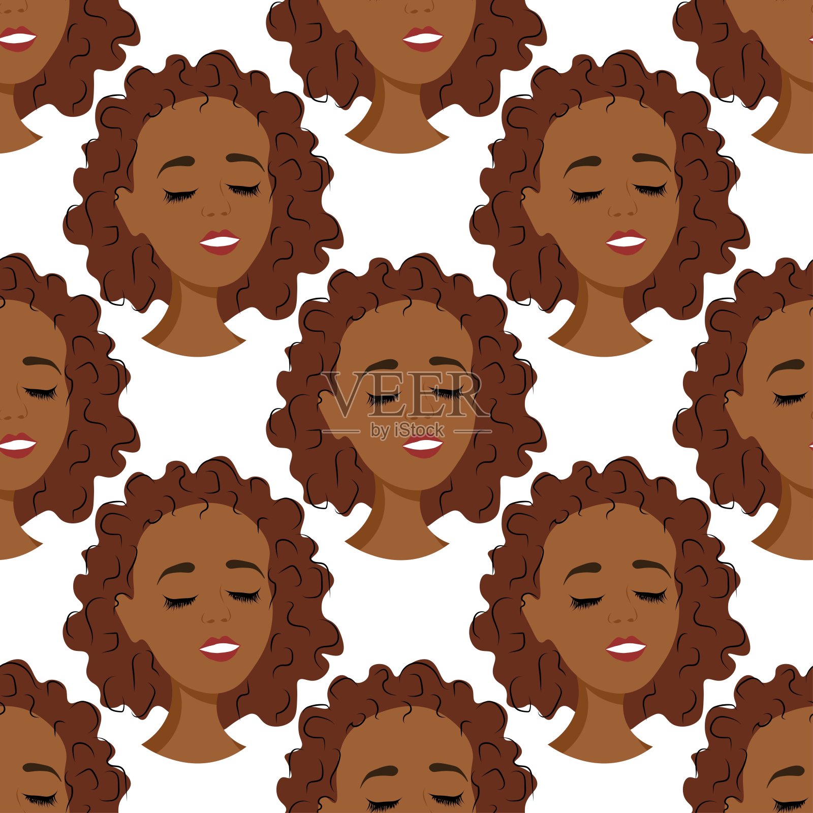 无缝模式与化身的黑人非洲女孩在一个白色的背景。一个年轻女人的侧面在前面，一个扁平的风格。人们的脸上洋溢着喜悦和放松。
股票矢量图插画图片素材