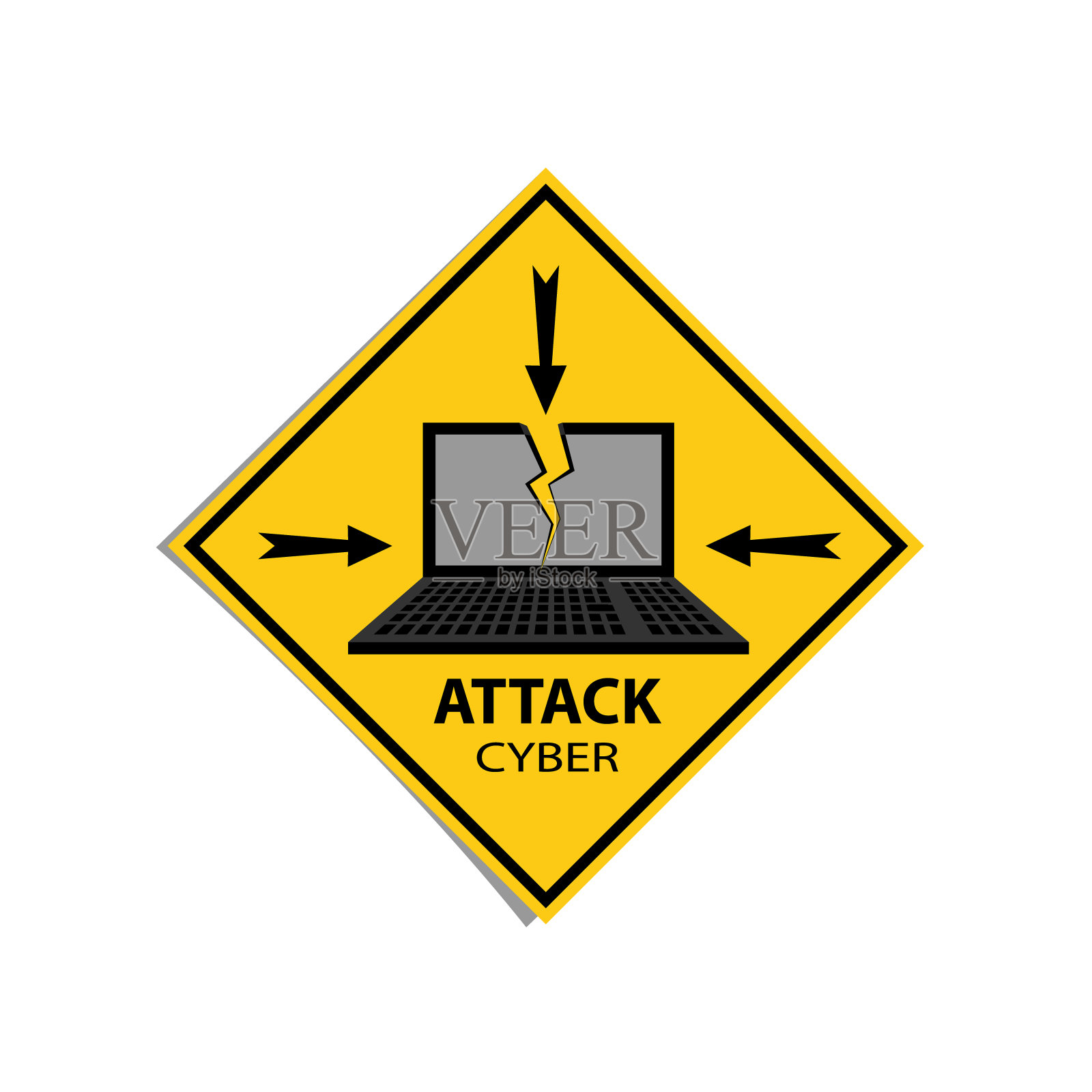 黄色警告矩形的网络攻击标志。插画图片素材