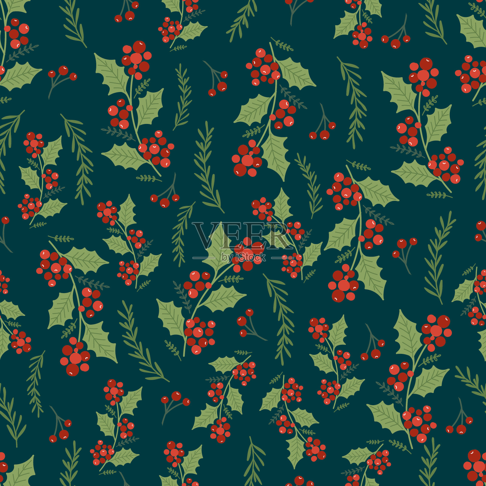 圣诞无缝模式的粉红色背景与一品红花，松枝和浆果。背景插画图片素材