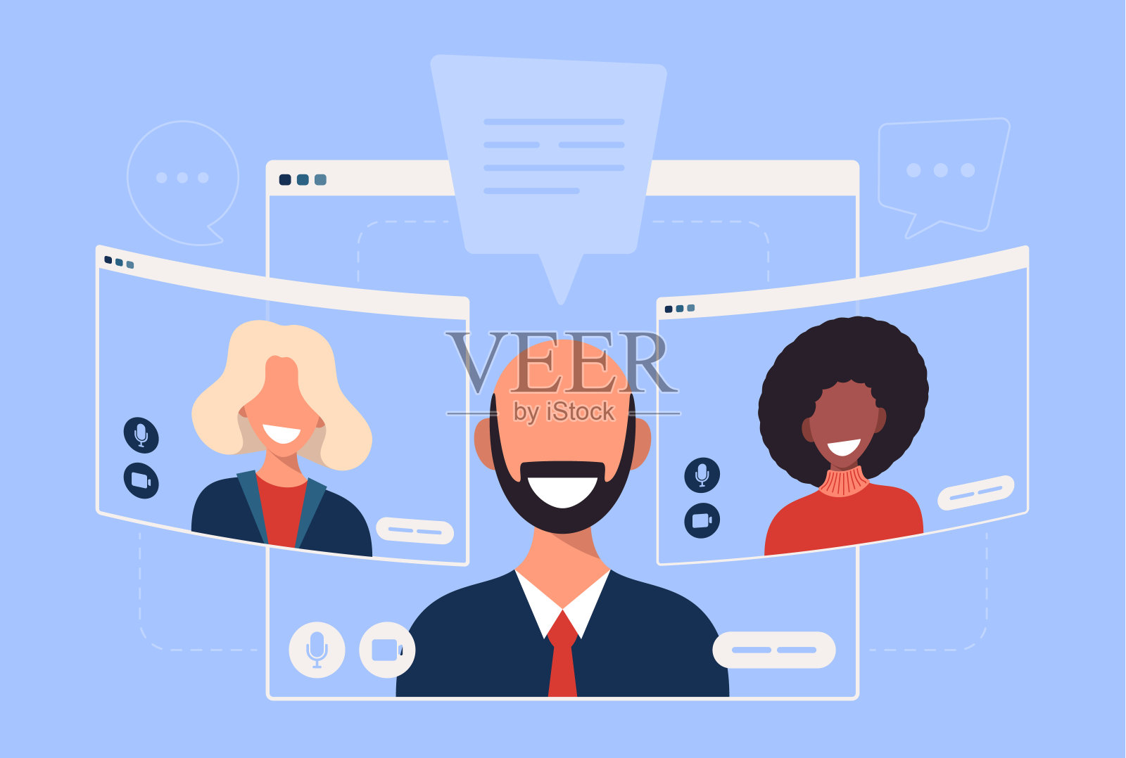 女商人在视频通话中聊天女商人用聊天气泡说话在电脑窗口交流在线会议概念人像横向卡通平面矢量插图插画图片素材