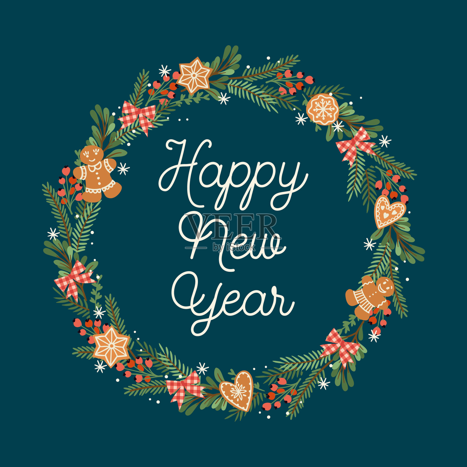 圣诞和新年快乐的插画与圣诞花环。矢量设计模板。插画图片素材
