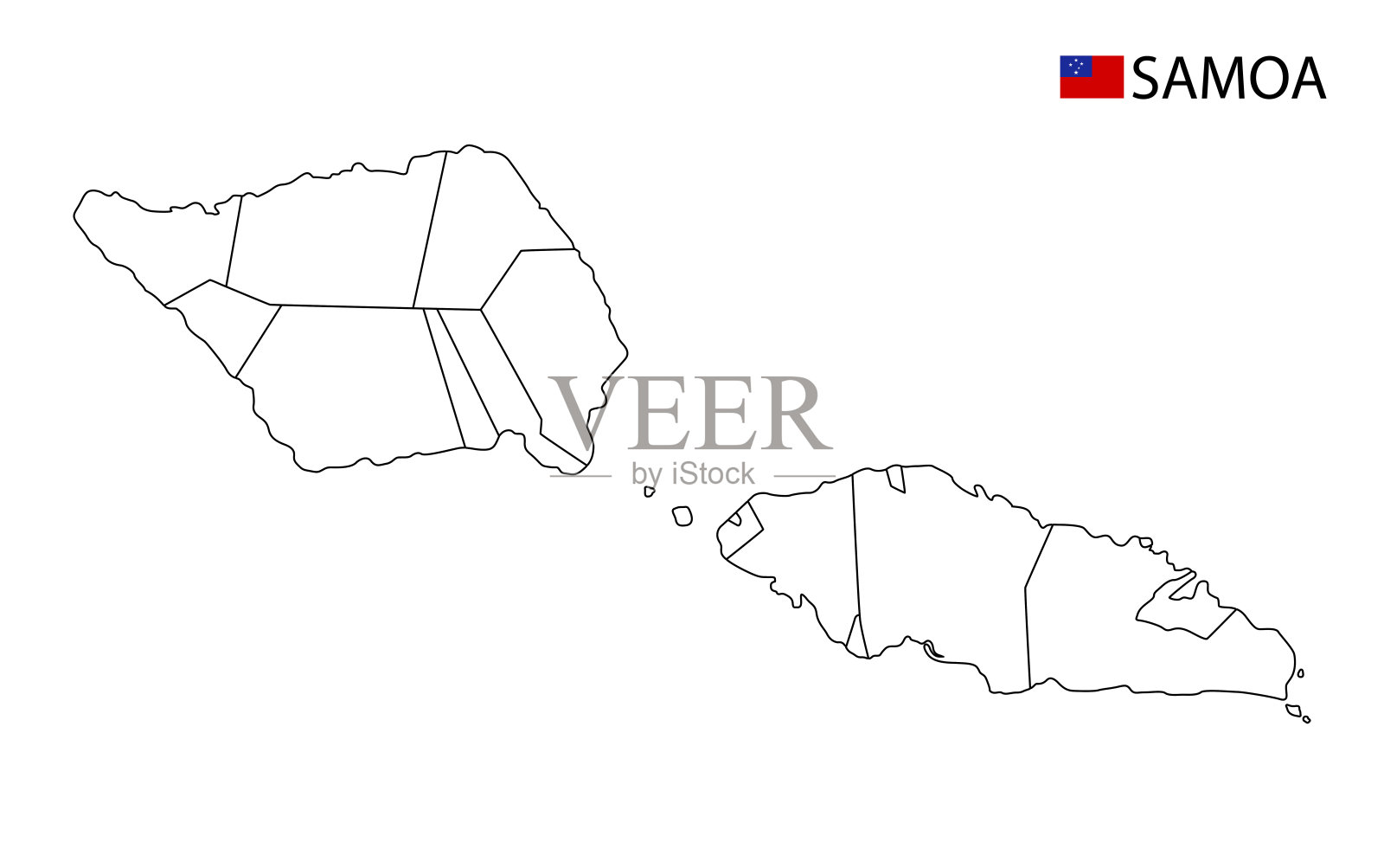 萨摩亚地图，黑白详细勾勒了该国各地区。插画图片素材