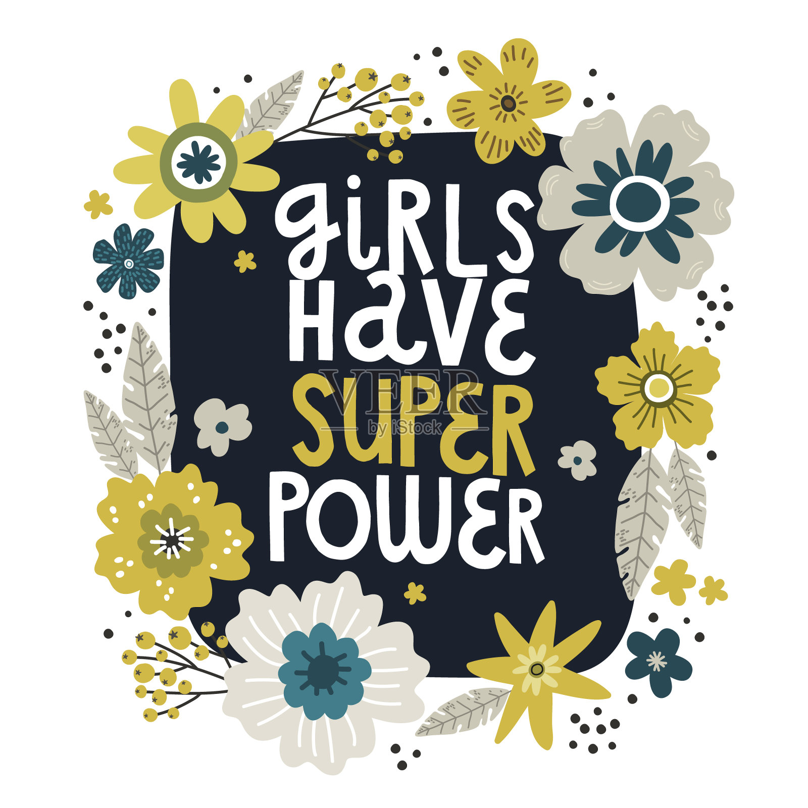 鲜花花束，字母女孩的力量，矢量手绘贺卡模板插画图片素材