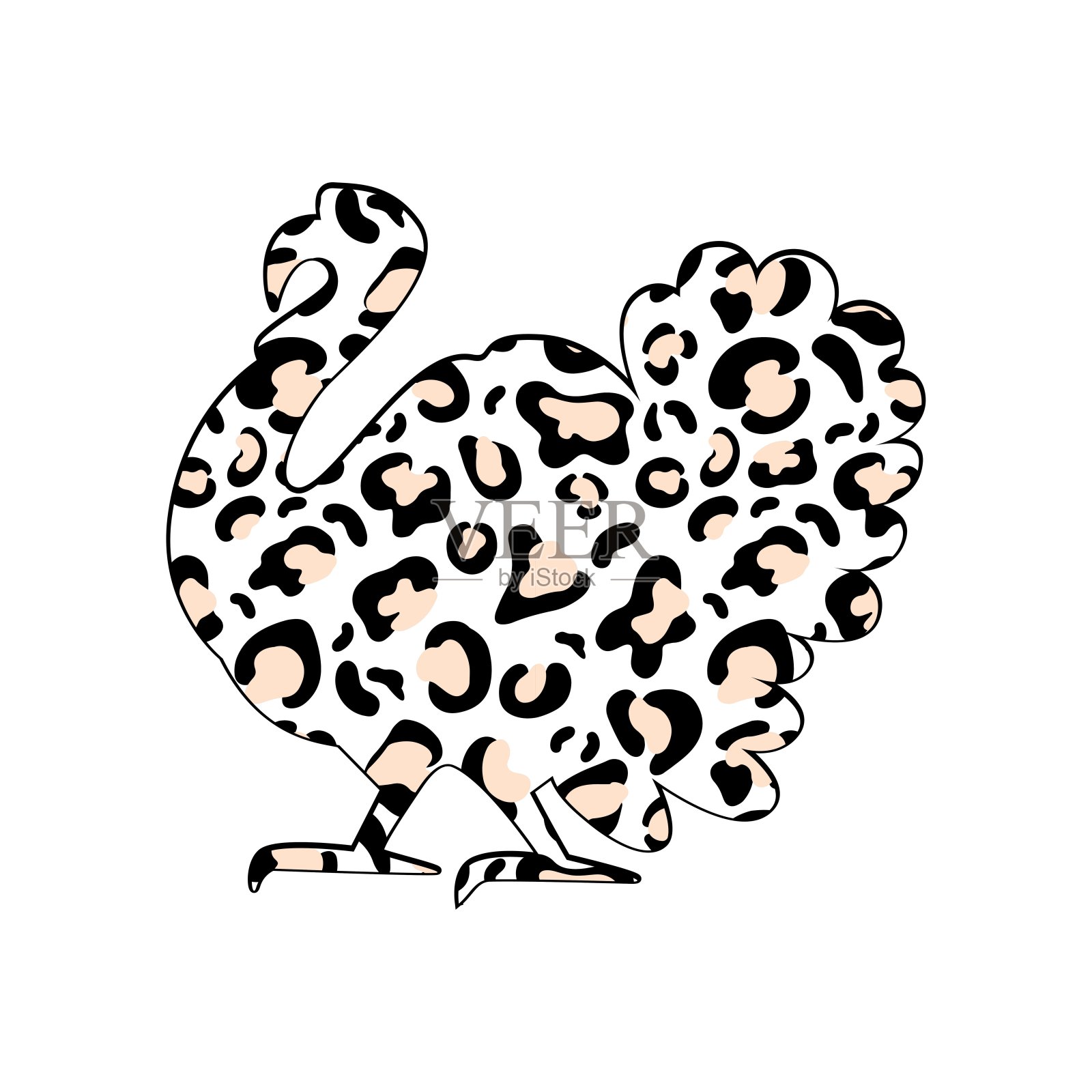 土耳其剪影与豹纹孤立的白色背景。矢量平面插图。插画图片素材