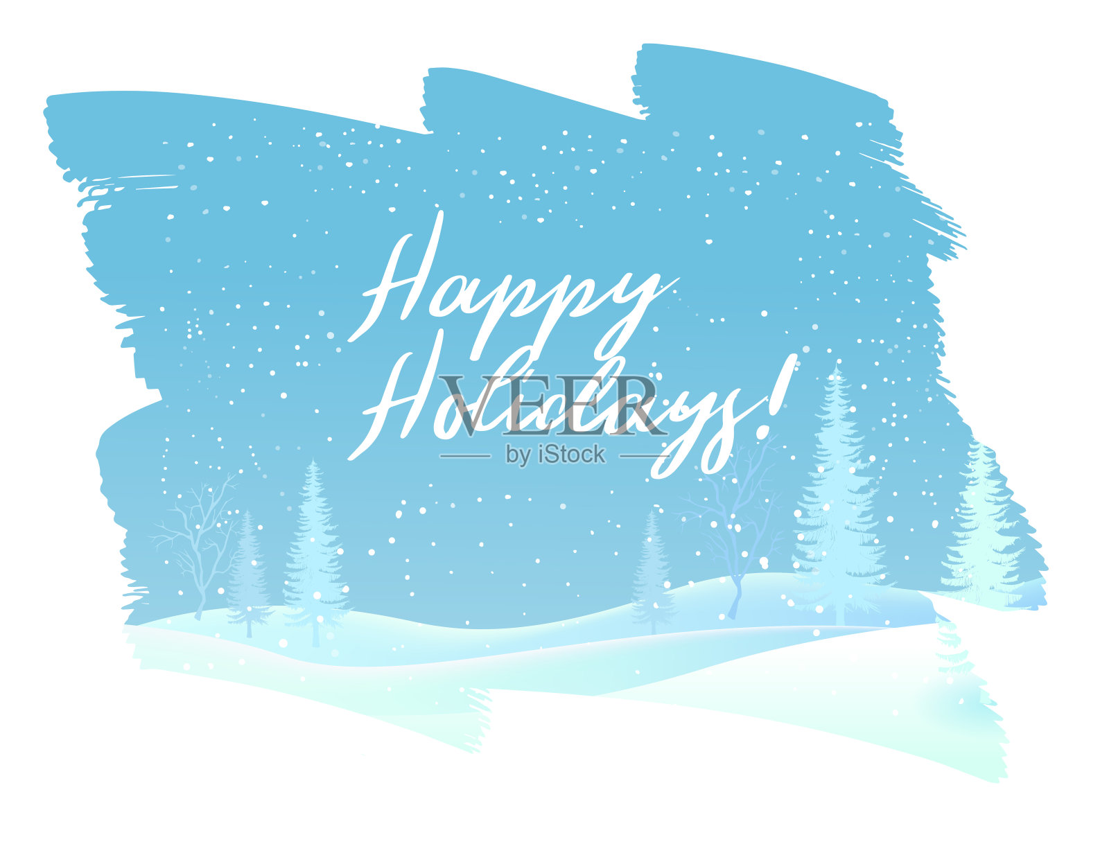 节日快乐手写笔刷字体，在冰雪蓝色背景上。海报、贺卡和T恤的时尚手写名言艺术印刷品。矢量图插画图片素材