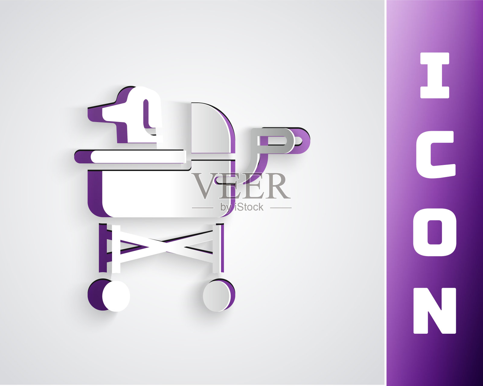 剪纸宠物推车图标孤立在灰色背景。纸艺术风格。向量插画图片素材