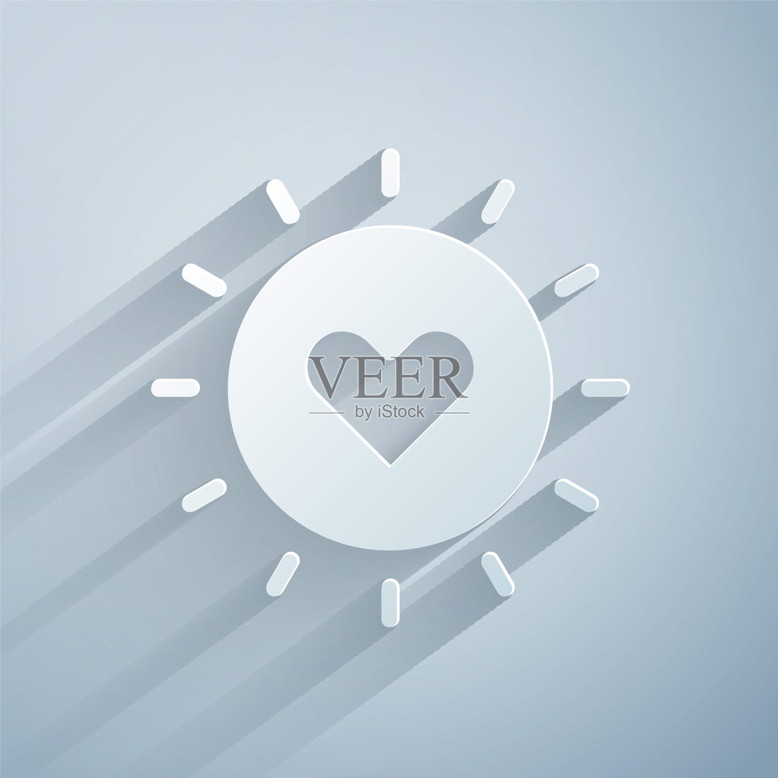 剪纸太阳图标孤立在灰色背景。纸艺术风格。向量插画图片素材