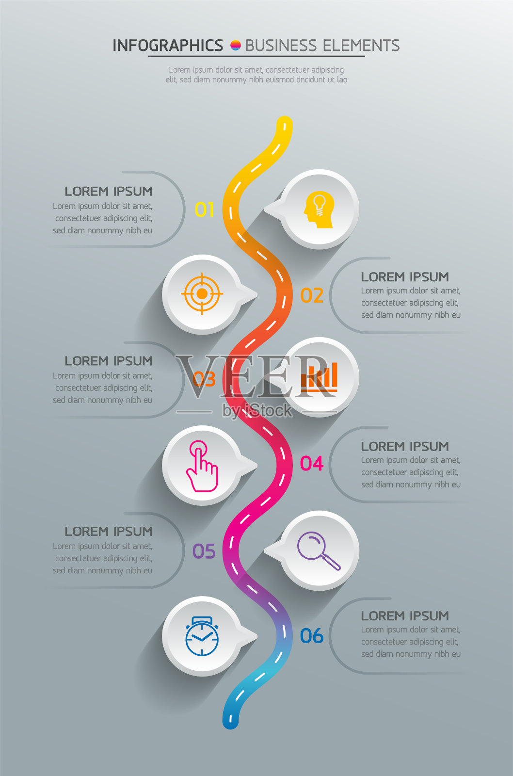 信息图表矢量元素：包含6个步骤的演示图表模板插画图片素材