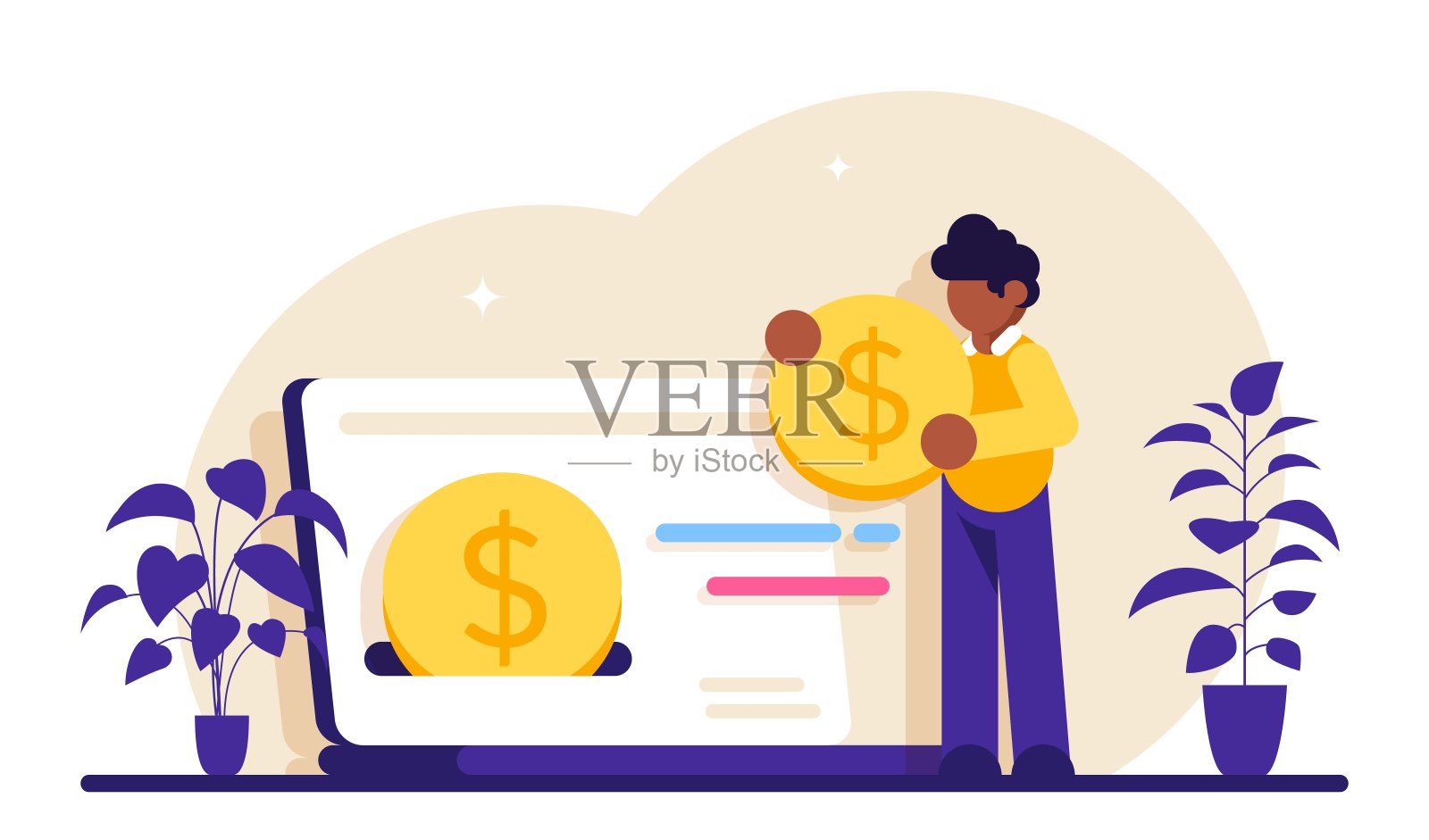 超市夜未眠的概念。快乐的人们收到了买家的现金返还。从笔记本电脑到电子钱包的货币转账。网上银行。省钱。钱退款。现代平面插图。插画图片素材