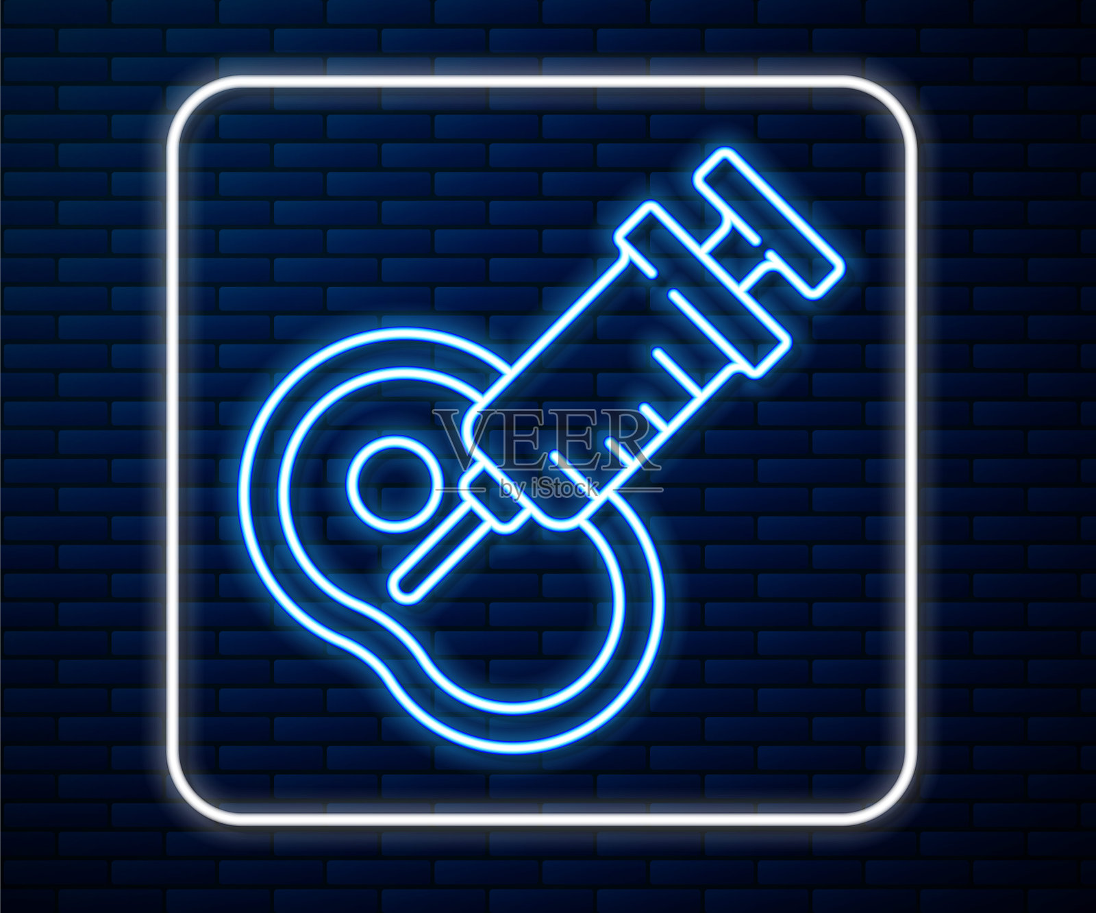 在砖墙背景上孤立的转基因肉图标。注射器被注射到肉里。向量插画图片素材