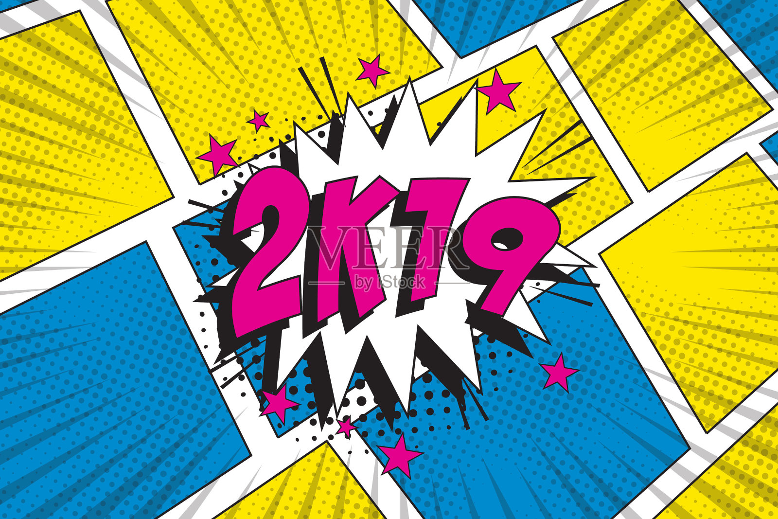 新年快乐矢量波普艺术插画。单词“2k19”在彩色复古漫画演讲气泡与半色调虚线阴影背景插画图片素材