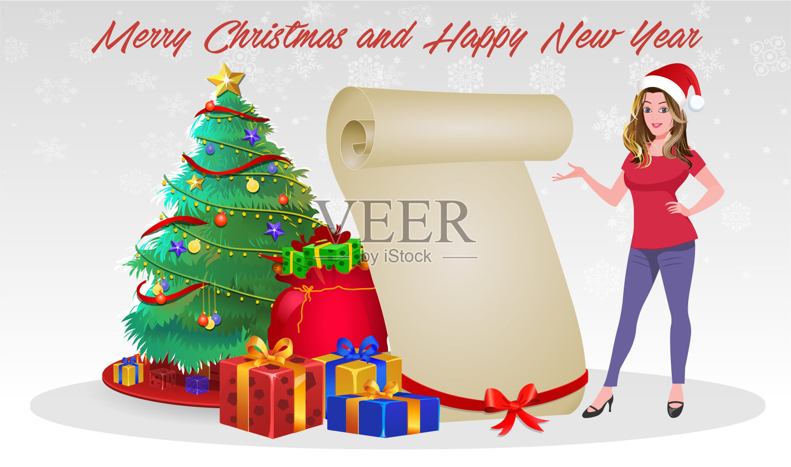 圣诞老人女孩性格带着礼物，包着礼物，挥手致意。用于圣诞卡、横幅、标签、手机和标签。设计模板素材