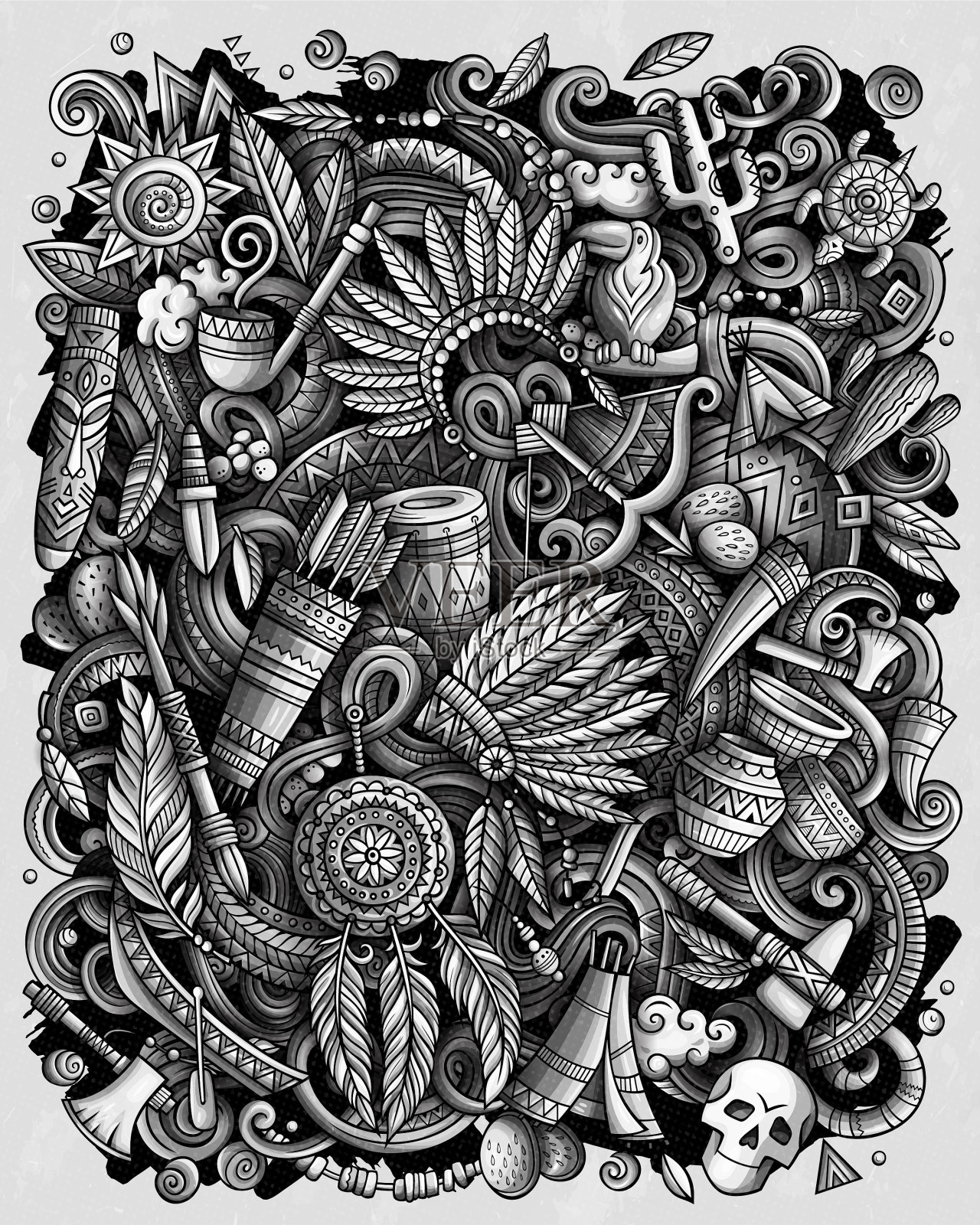 印第安人手绘的涂鸦插画图片素材
