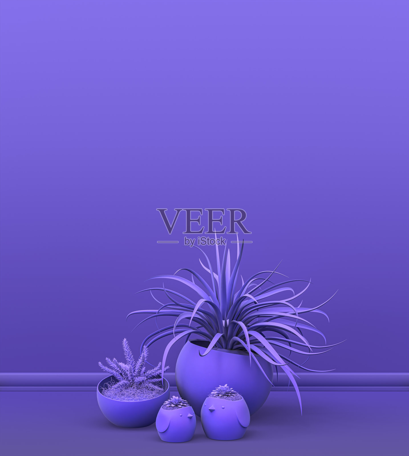 多株植物前面的纯色墙壁在紫色房间复制空间和画框背景。三维渲染照片摄影图片