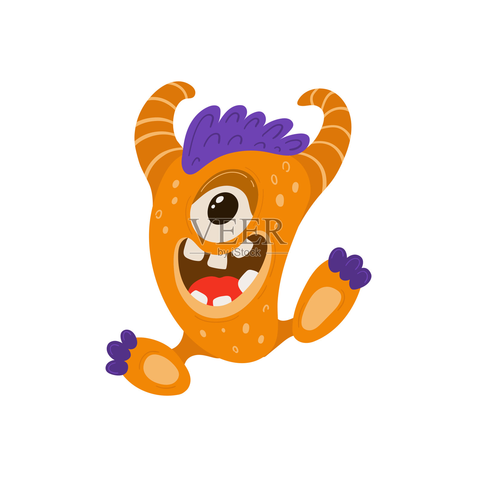 滑稽的橙色怪物卡通风格。儿童插图与可爱的字符孤立在白色的背景。向量插画图片素材