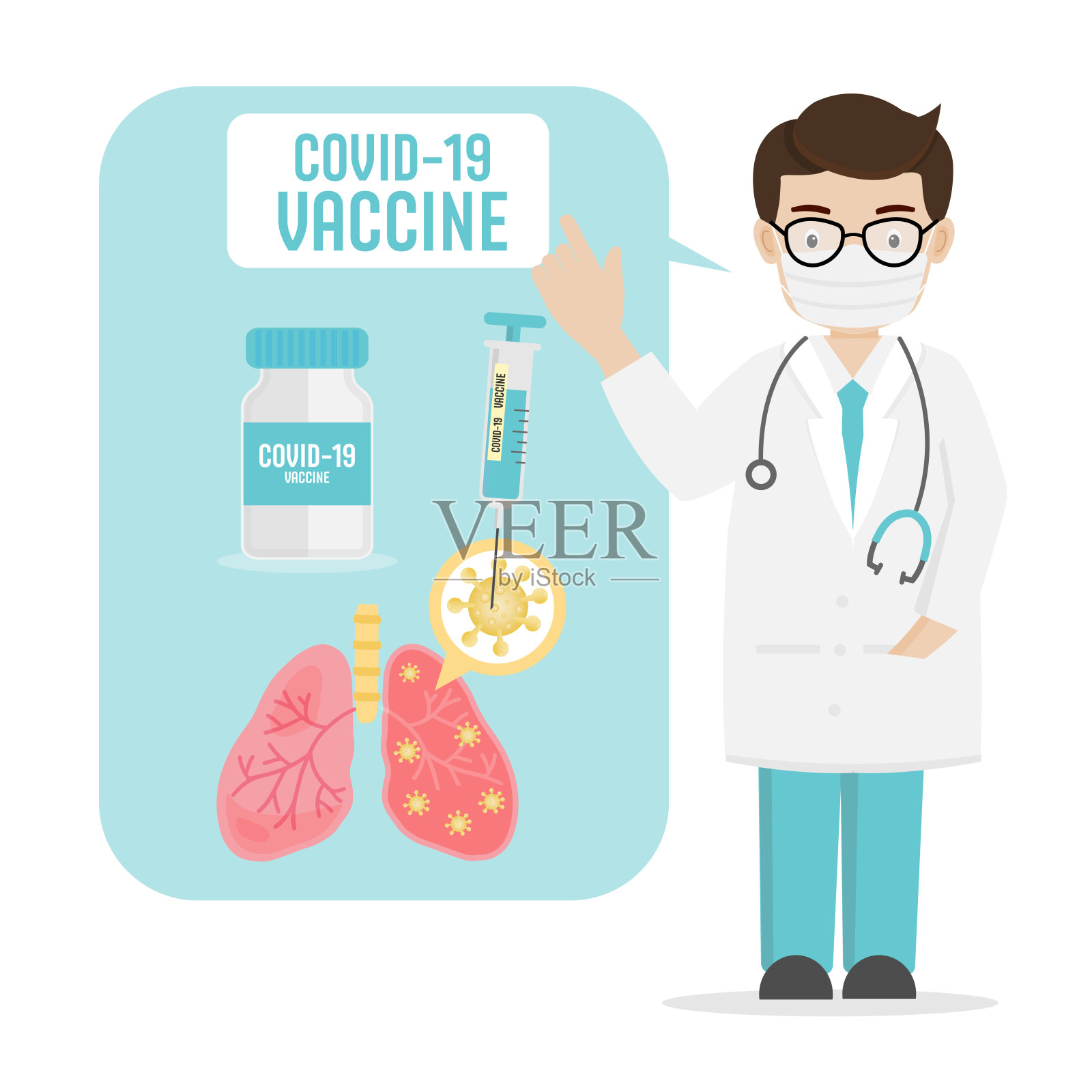 医生讲授和解释新冠肺炎疫苗研究。插画图片素材