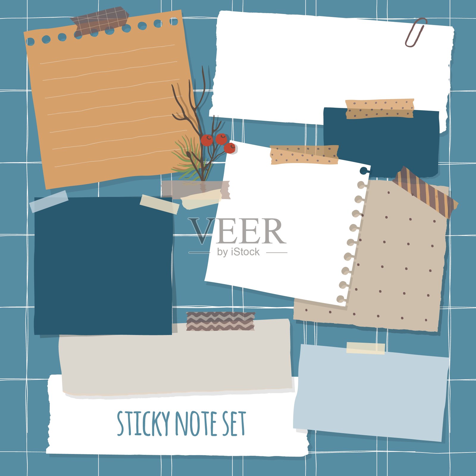 收集各种票据纸张。冬季风格的彩色便利贴。插画图片素材