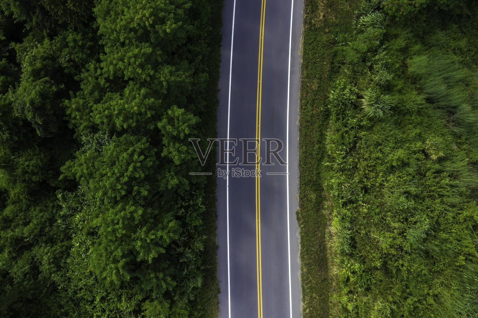 航拍俯视图公路通过绿色的森林和纹理背景为公路的空荡照片摄影图片