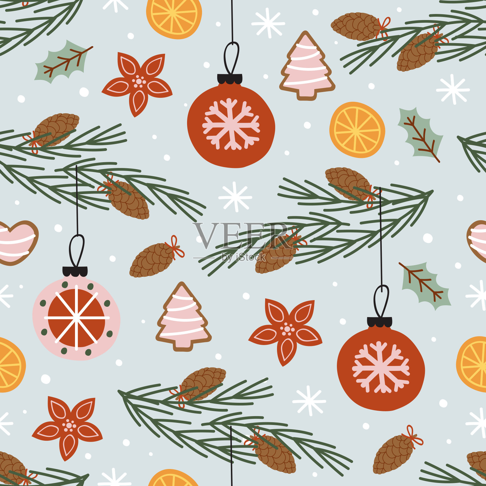 松树枝和圣诞球的无缝图案插画图片素材