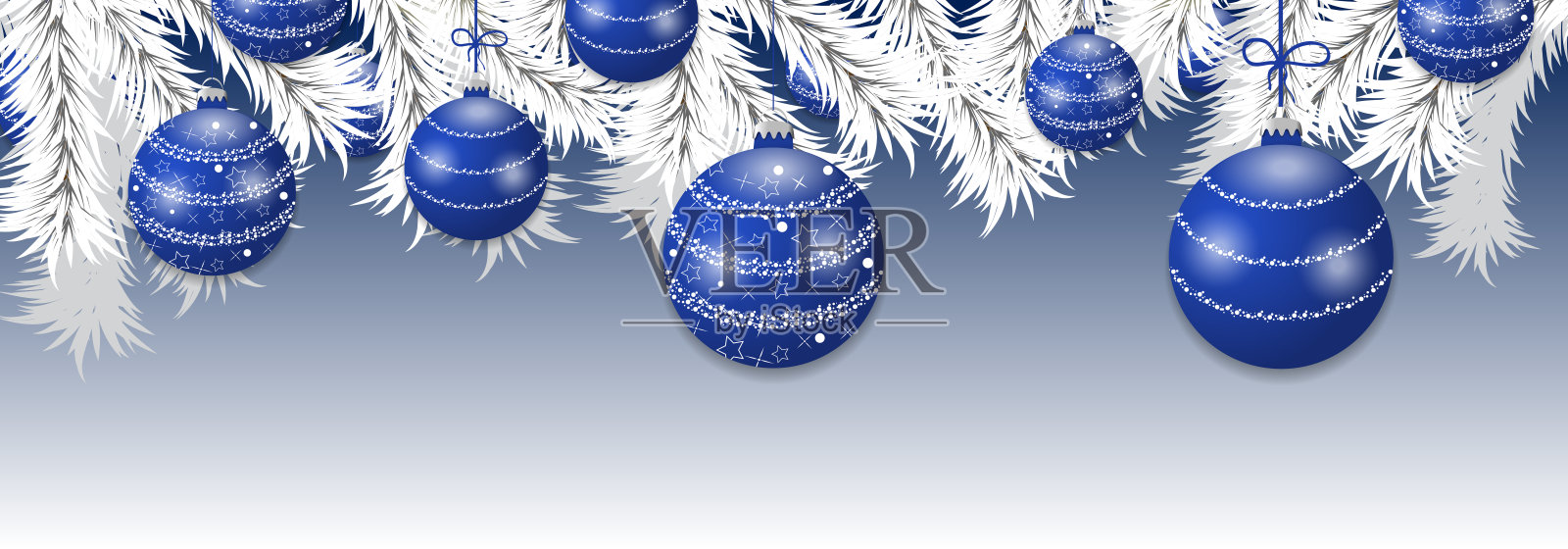 圣诞树白色的树枝上有蓝色的球。节日装饰品横幅。向量插画图片素材