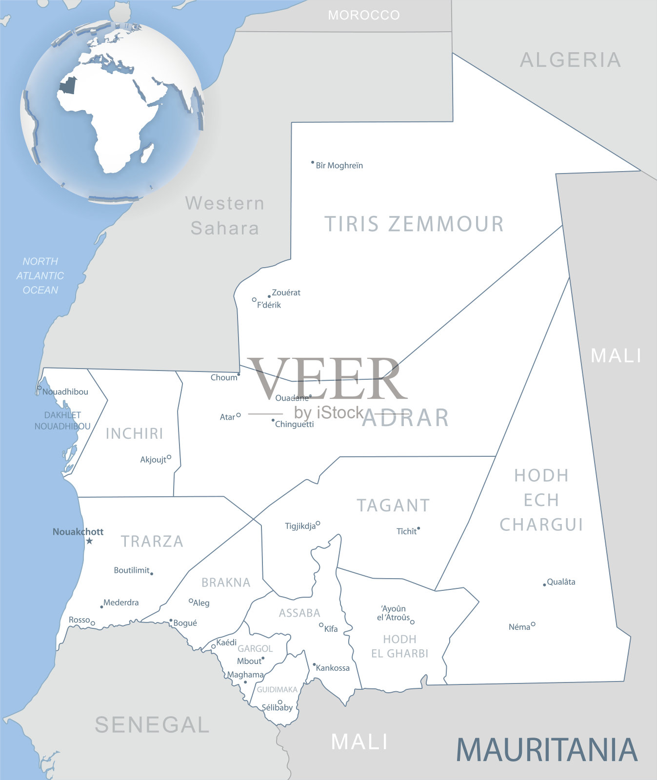 蓝灰色的详细地图毛里塔尼亚行政区划和位置在全球。插画图片素材