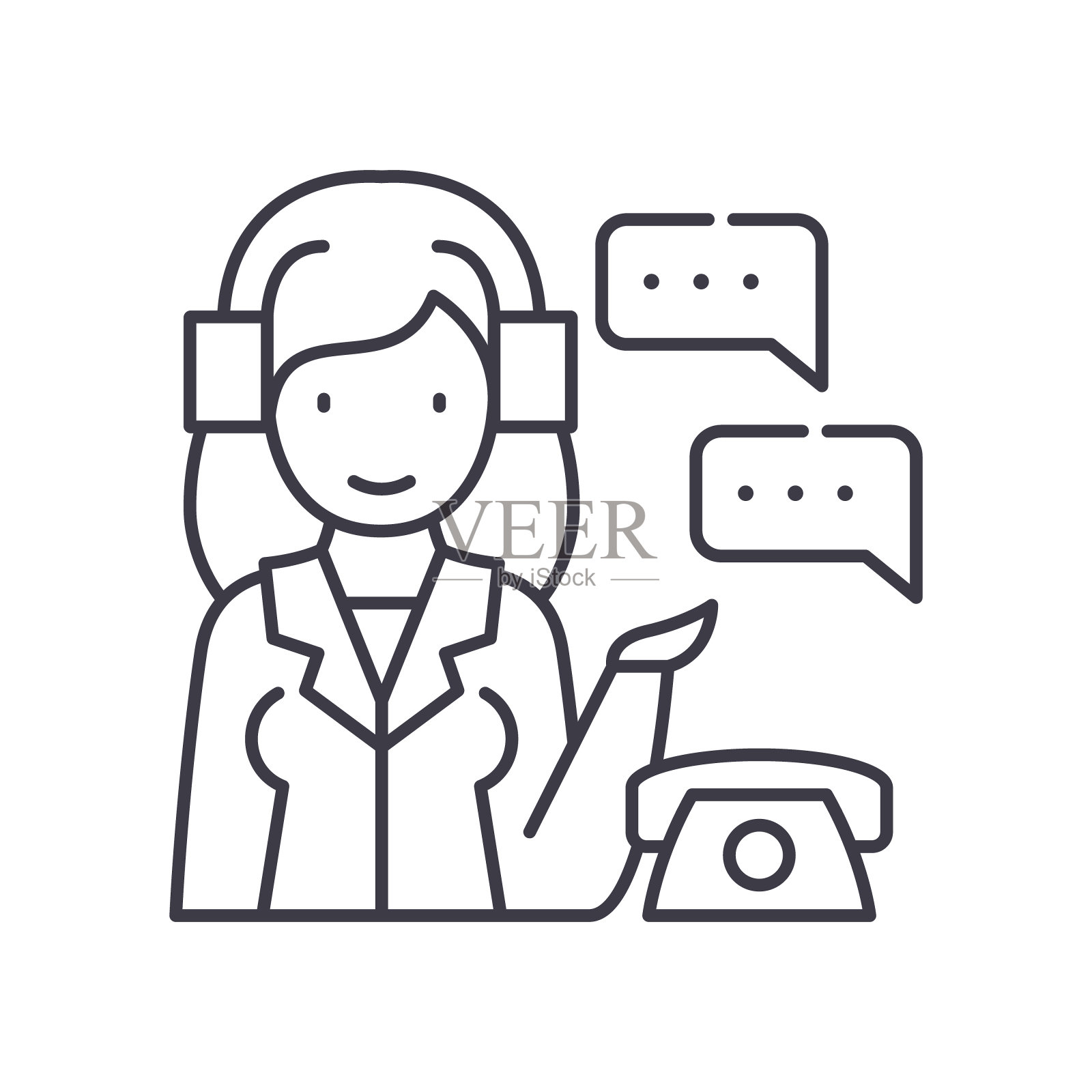 呼叫中心服务图标，线性孤立的插图，细线矢量，网页设计标志，轮廓概念符号与可编辑的笔画在白色背景。插画图片素材